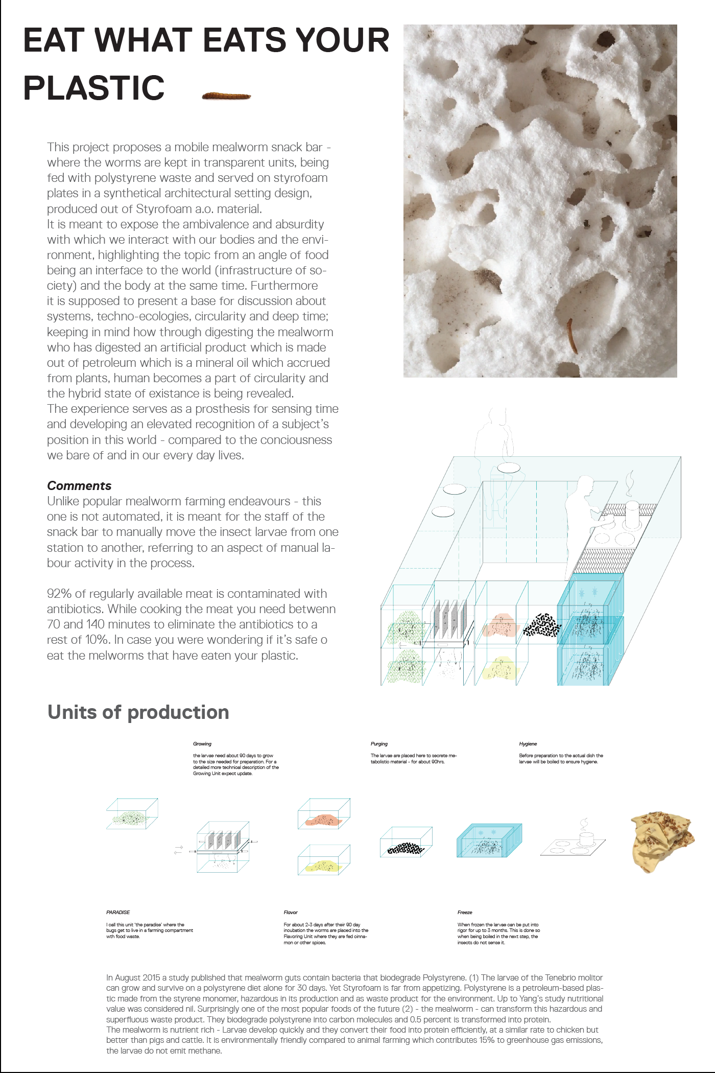 StyrowormPetja IvanovaThis is a design for a mobile kitchen and farm - where mealworms are fed on plastic waste and then prepared for human consumption.