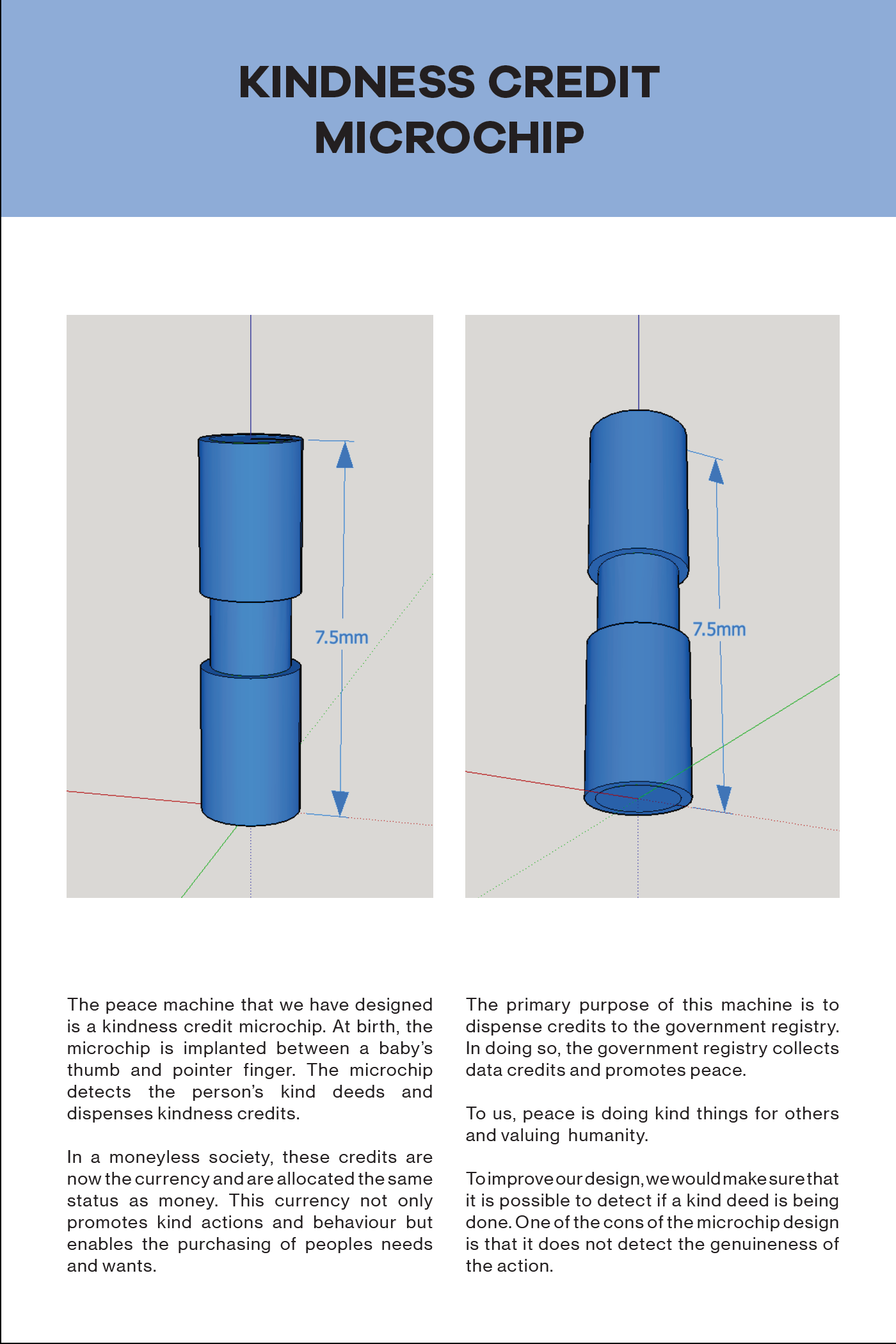 Kindness Credit MicrochipPatrick Gilson, and Jack RyanThe peace machine that we have designed is a kindness credit microchip. At birth, the microchip is implanted between a baby’s thumb and pointer finger. The microchip detects the person’s kind dee…