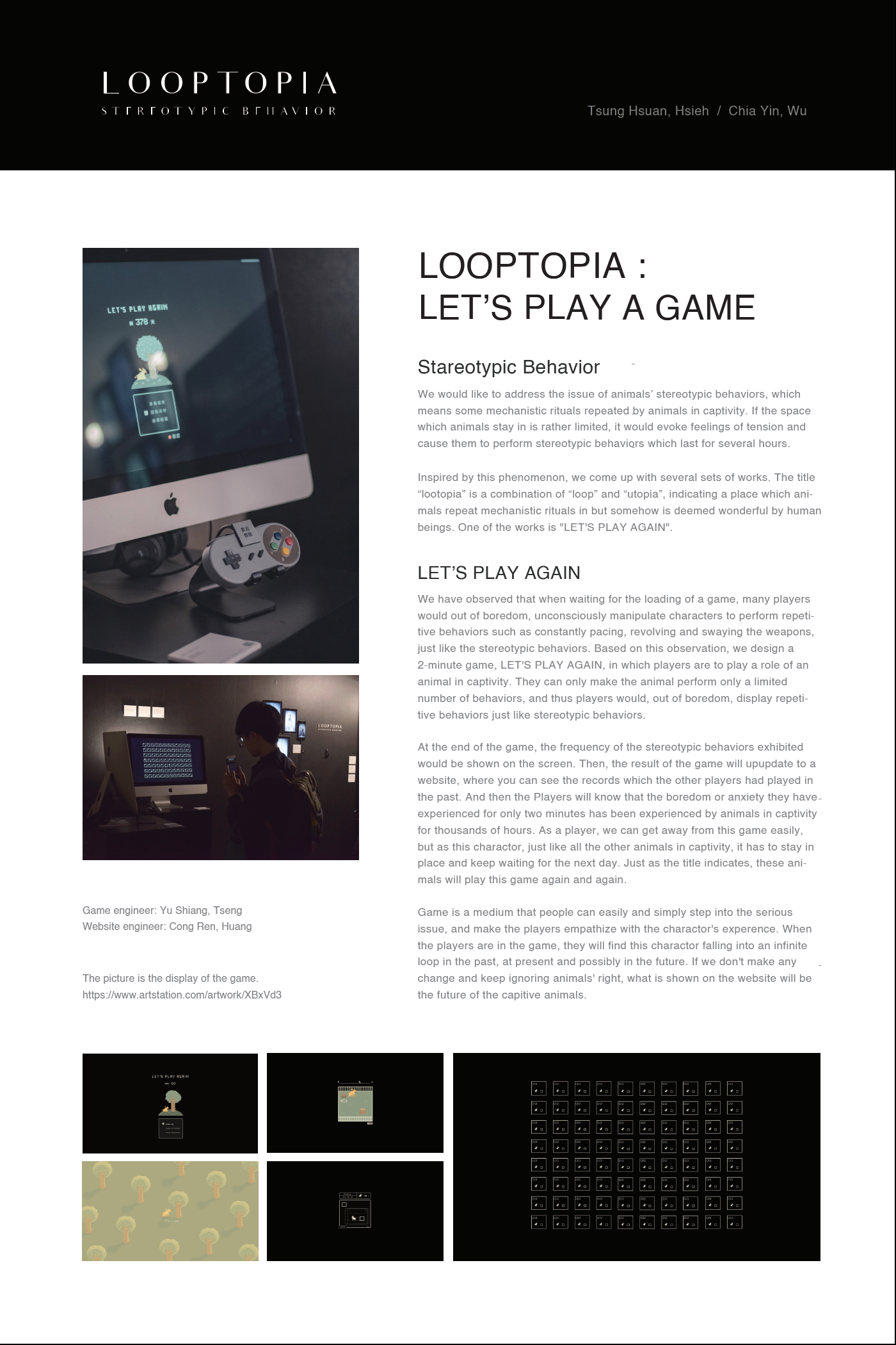 LOOPTOPIA： LET'S PLAY AGAINTsung Hsuan, Hsieh / Chia Yin, WuStereotypic behaviors means some mechanistic rituals repeated by animals in captivity. We observed that many players would do something like stereotypic behaviors when waiting for the loadi…
