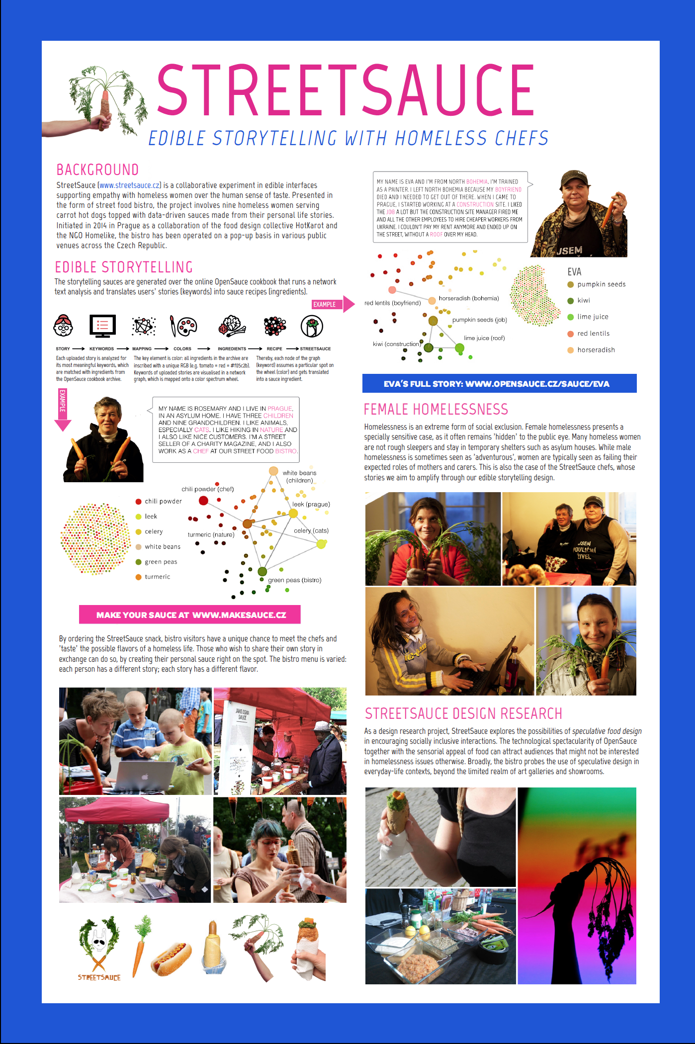StreetSauce: Edible Storytelling with Homeless Chefs Marketa Dolejsova StreetSauce is a collaborative experiment in edible interfaces supporting empathy with homeless women over the human sense of taste. Presented in the form of street food bistro, the project involves nine homeless women serving carrot hot dogs with data-driven sauces made from their personal life stories.