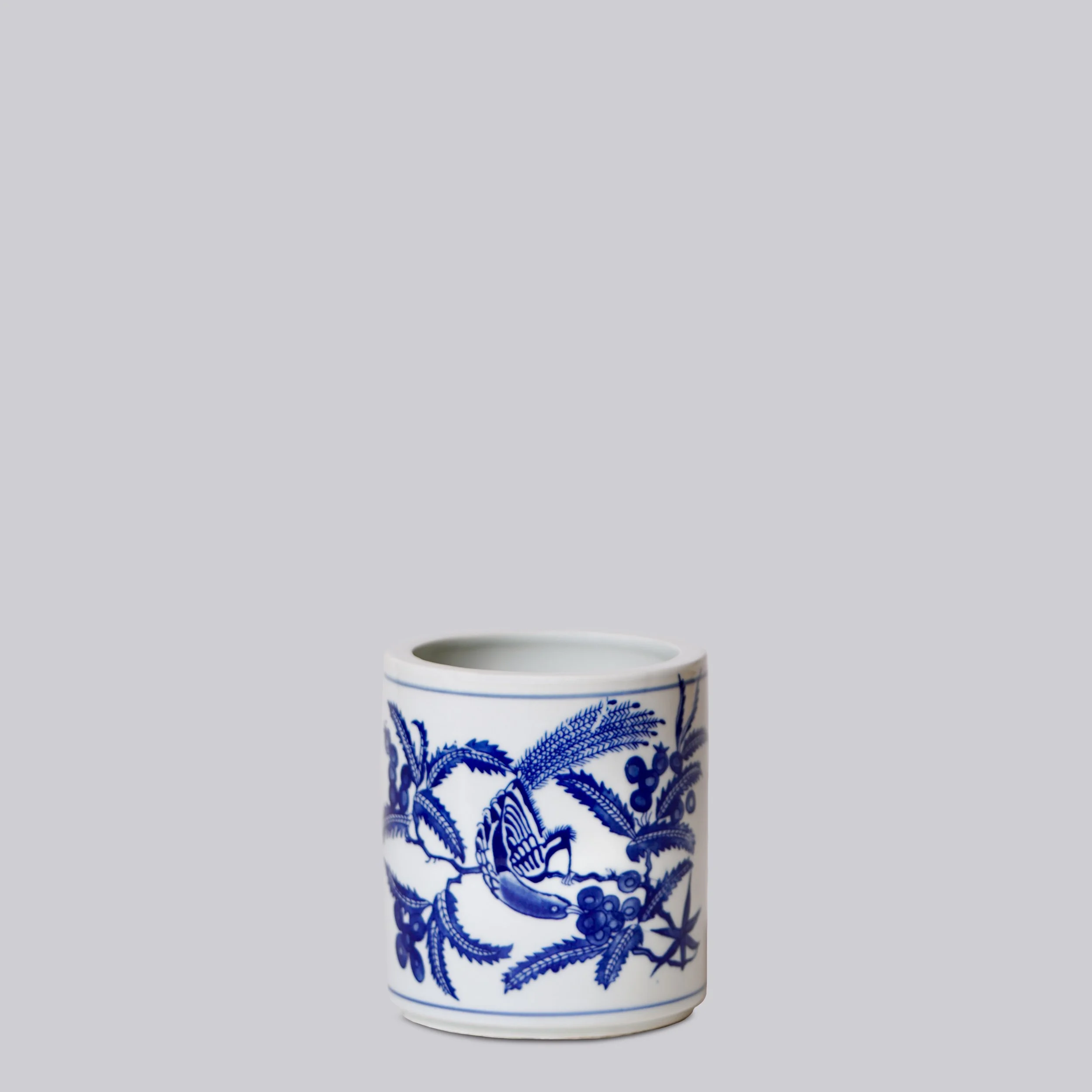 BLUE AND WHITE BIRD AND FRUITING TREE PORCELAIN CACHEPOT (C587)