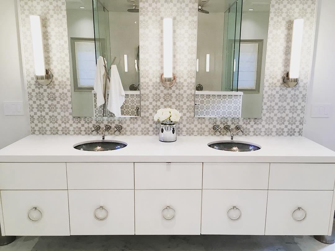 This beautiful bathroom from 6 years ago popped up in my Facebook feed memories the other day from 6 years ago. An oldie but goodie, this bathrooms beauty is still going strong. It features stunning patterned concrete accent tile, marble floors, a mo