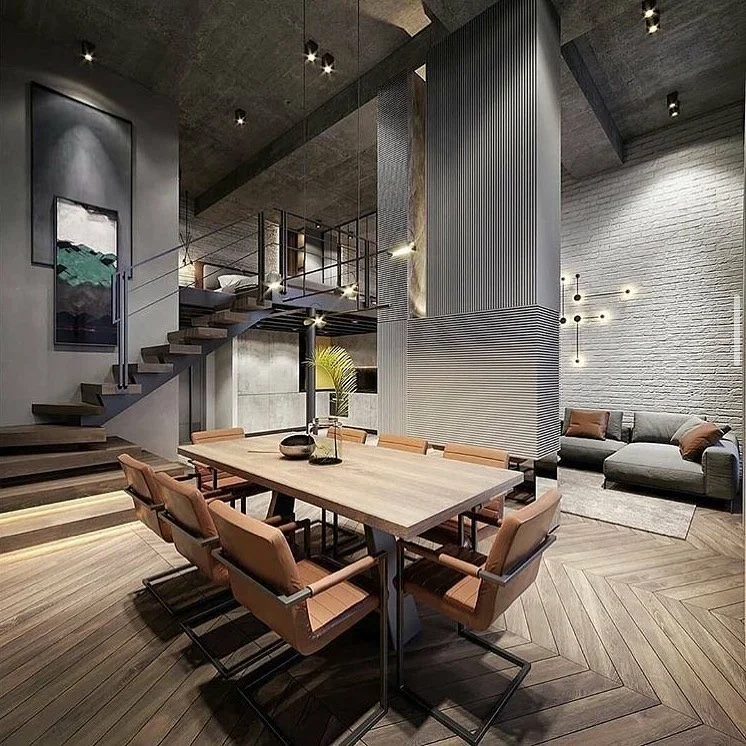 clean lines throughout staircase, walls, flooring and table