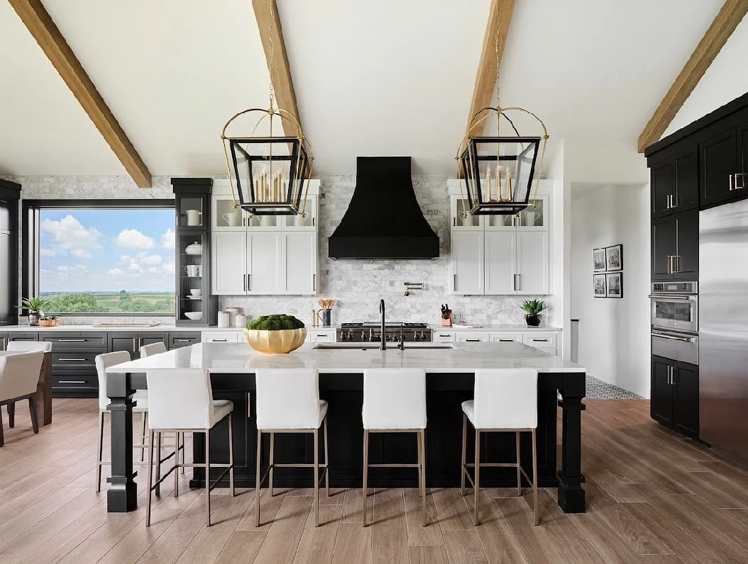 masculine design style black and white kitchen with wood beams