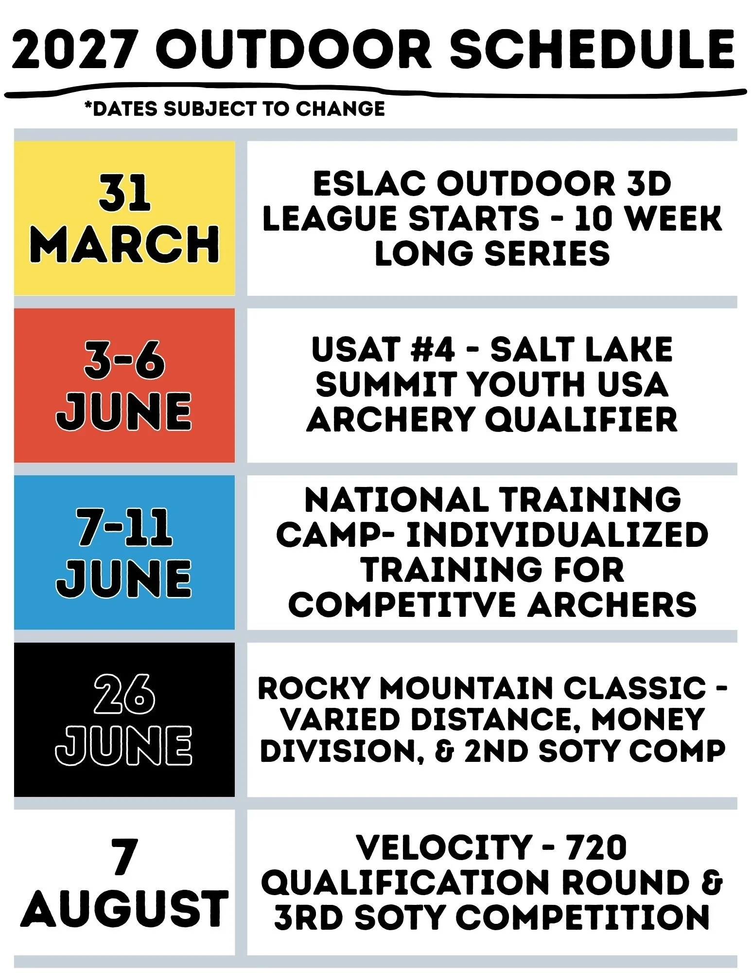 Events Schedule for 2027 Outdoor Season