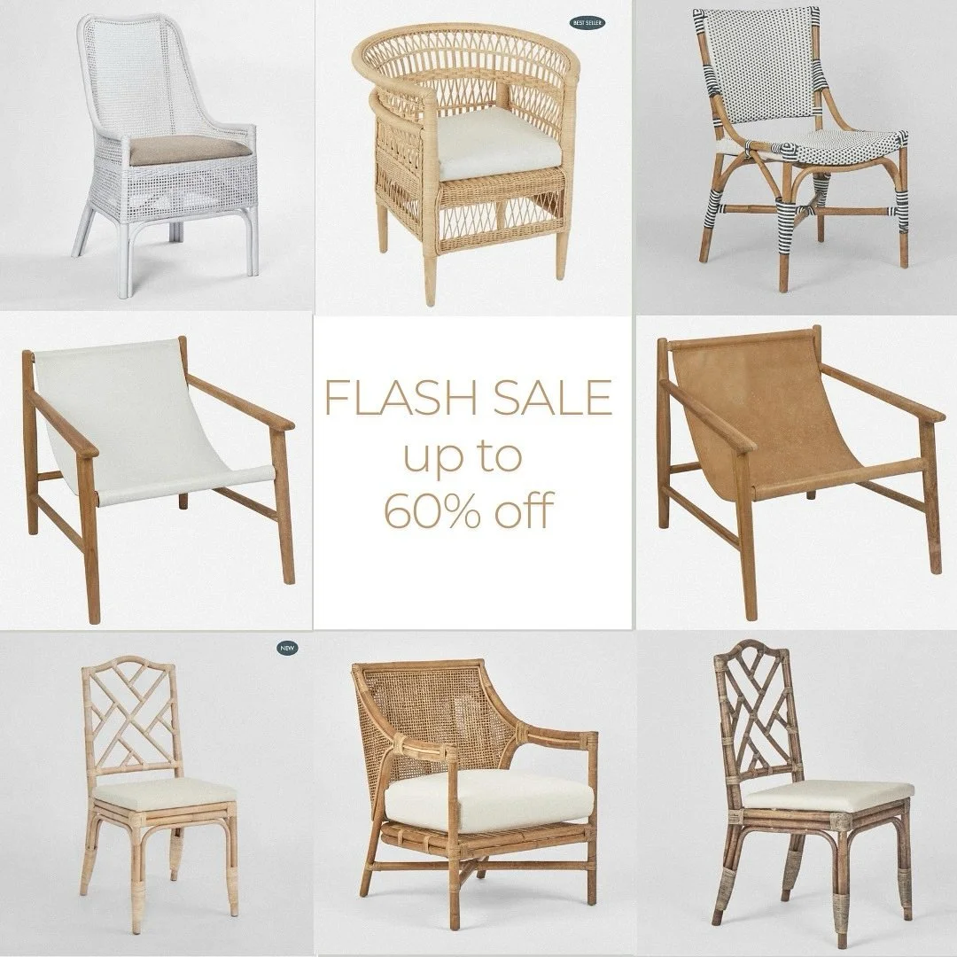 Flash Sale - out top picks in natural textures, rattan chairs, and warm brass lighting. All in stock &amp; ready to transform your space. Ready to ship 🛒📦 #coastaldecor #coastal #rattanchair #brasslighting #instock