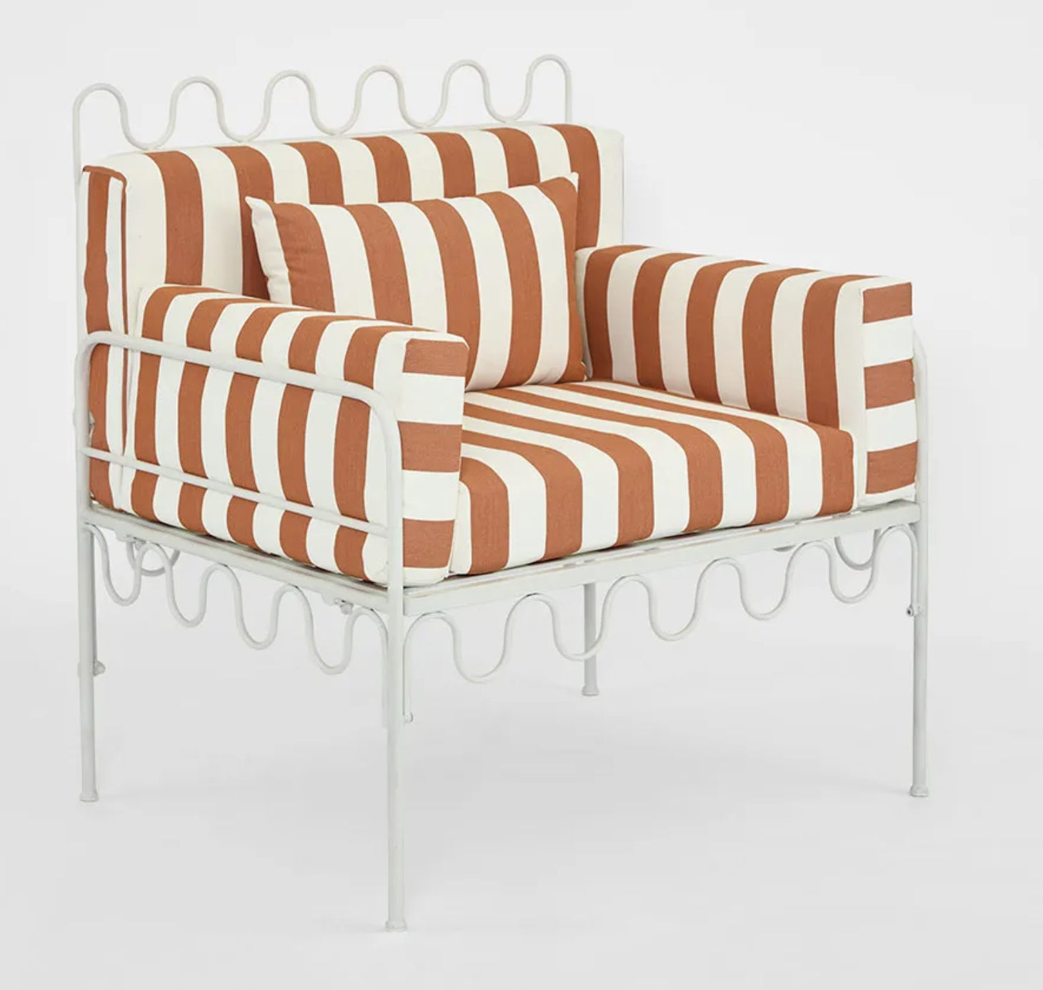 WIRA ARM CHAIR OUTDOOR IRON TERRACOTTA/WHITE STRIPE CUSHIONS