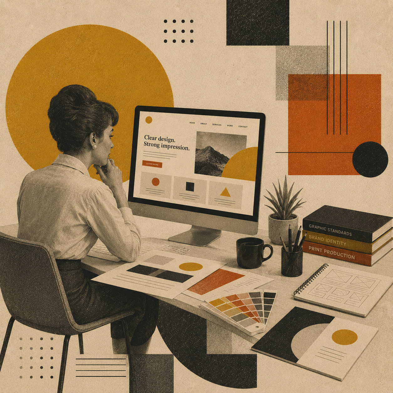 A woman sitting at a desk with design materials, examining a website on a computer screen. The desk has color swatches, printed graphics, notebooks, and books titled "Graphic Standards," "Brand Identity," and "Print Production." The background features abstract geometric shapes and patterns in muted tones.
