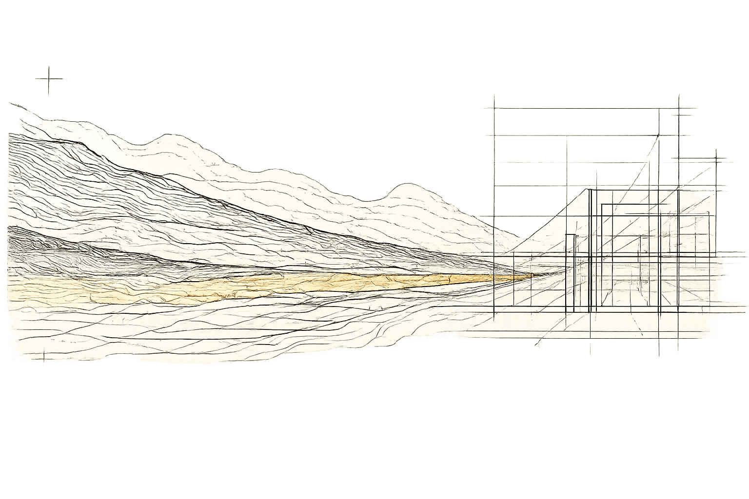A digital rendering of a mountainous landscape with a modern architectural structure on the right, with visible wireframe outlines and stylized trees.