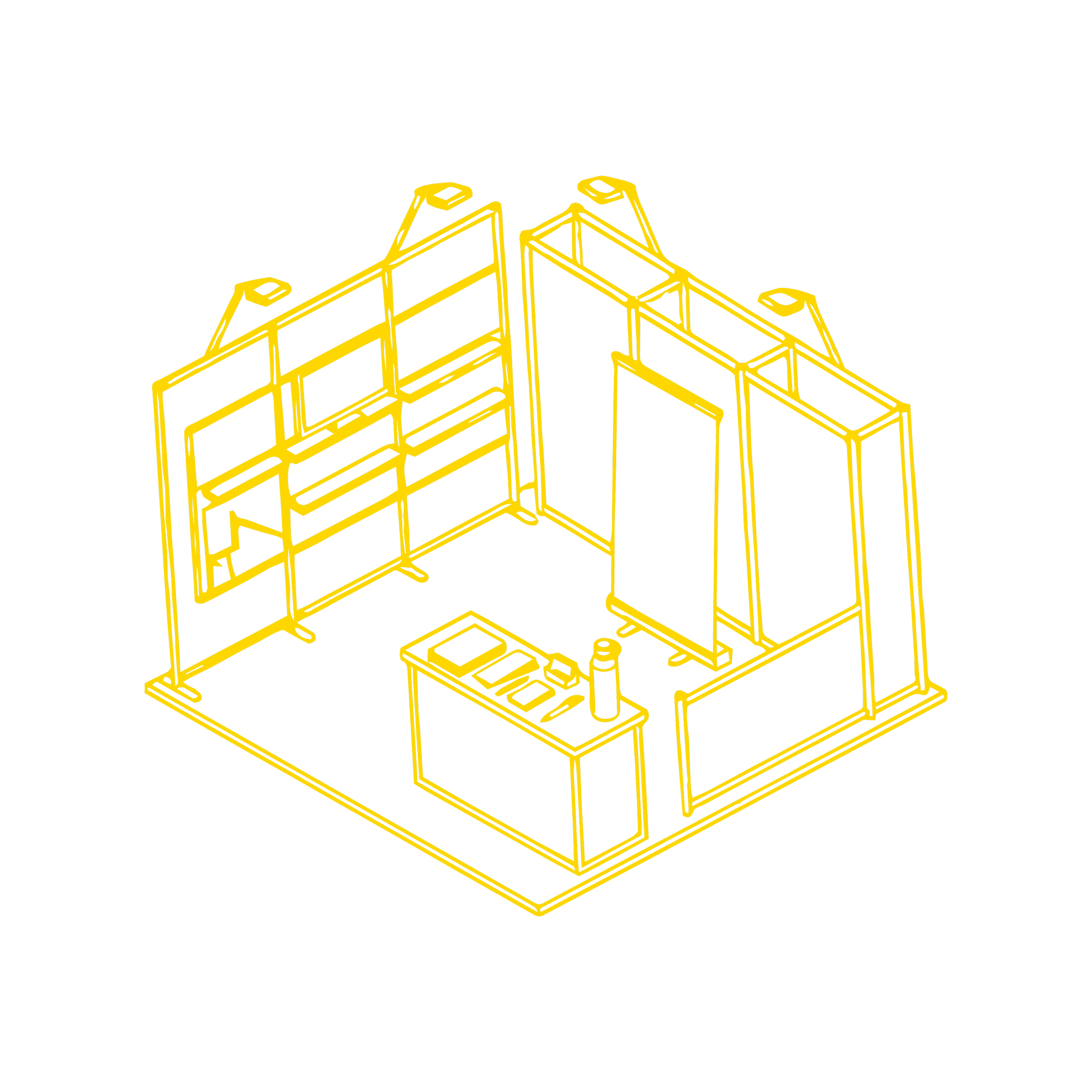 Yellow wireframe illustration of multi-story storage shelves on a black background.