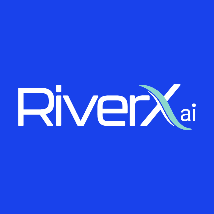 RiverX AI logo with white and teal text on a blue background.