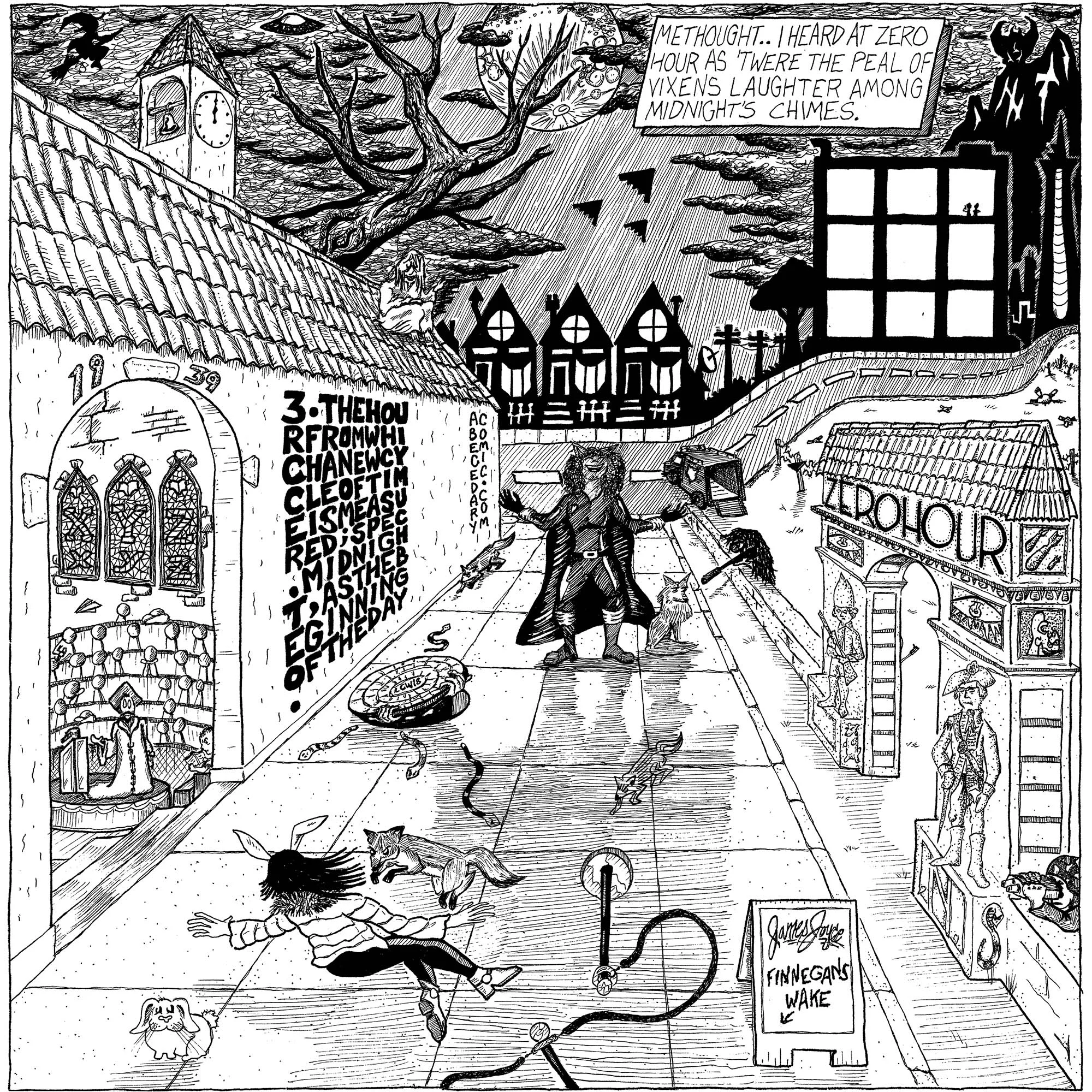 "at zero hour as ‘twere the peal of vixen’s laughter among midnight’s