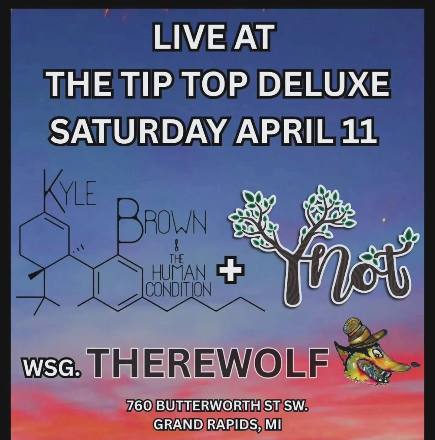 My fellow friends and supporters of Y-Not, we have a show this Saturday with @kylebrownthc at the Tip Top! @caleb_elzinga is joining us filling in for what we will be dearly missing with Connor and Caitlin absent, with excitement after practice tonig