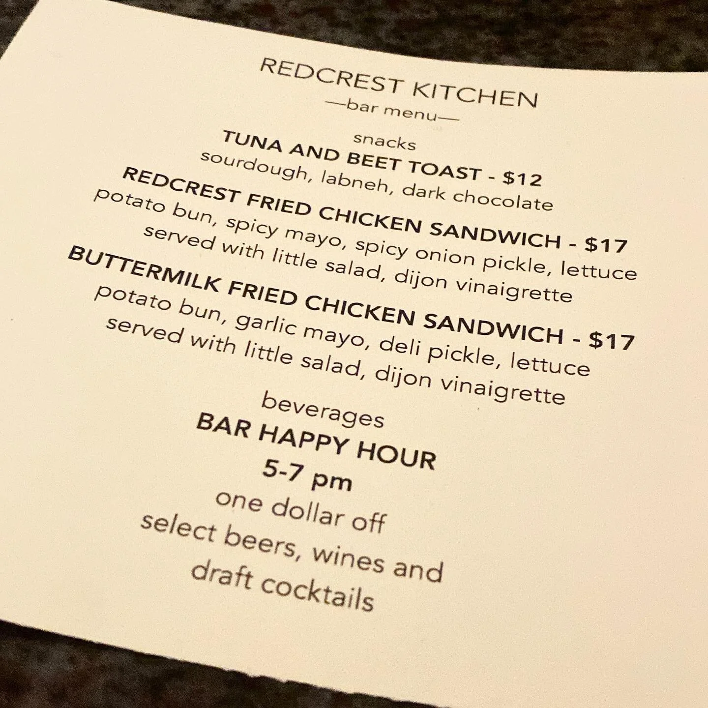 We are now serving fried chicken sandwiches at the @redcrestkitchen bar, every night from 5 until close!