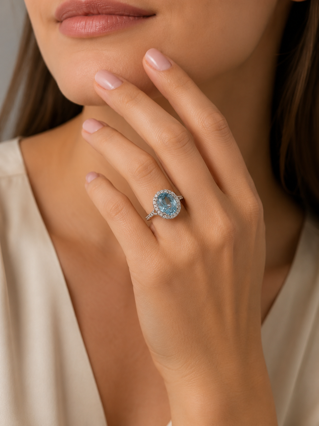 LARGE OVAL SHAPED DEEP COLOURED AQUAMARINE DIAMOND DRESS RING WITH VALUATION
