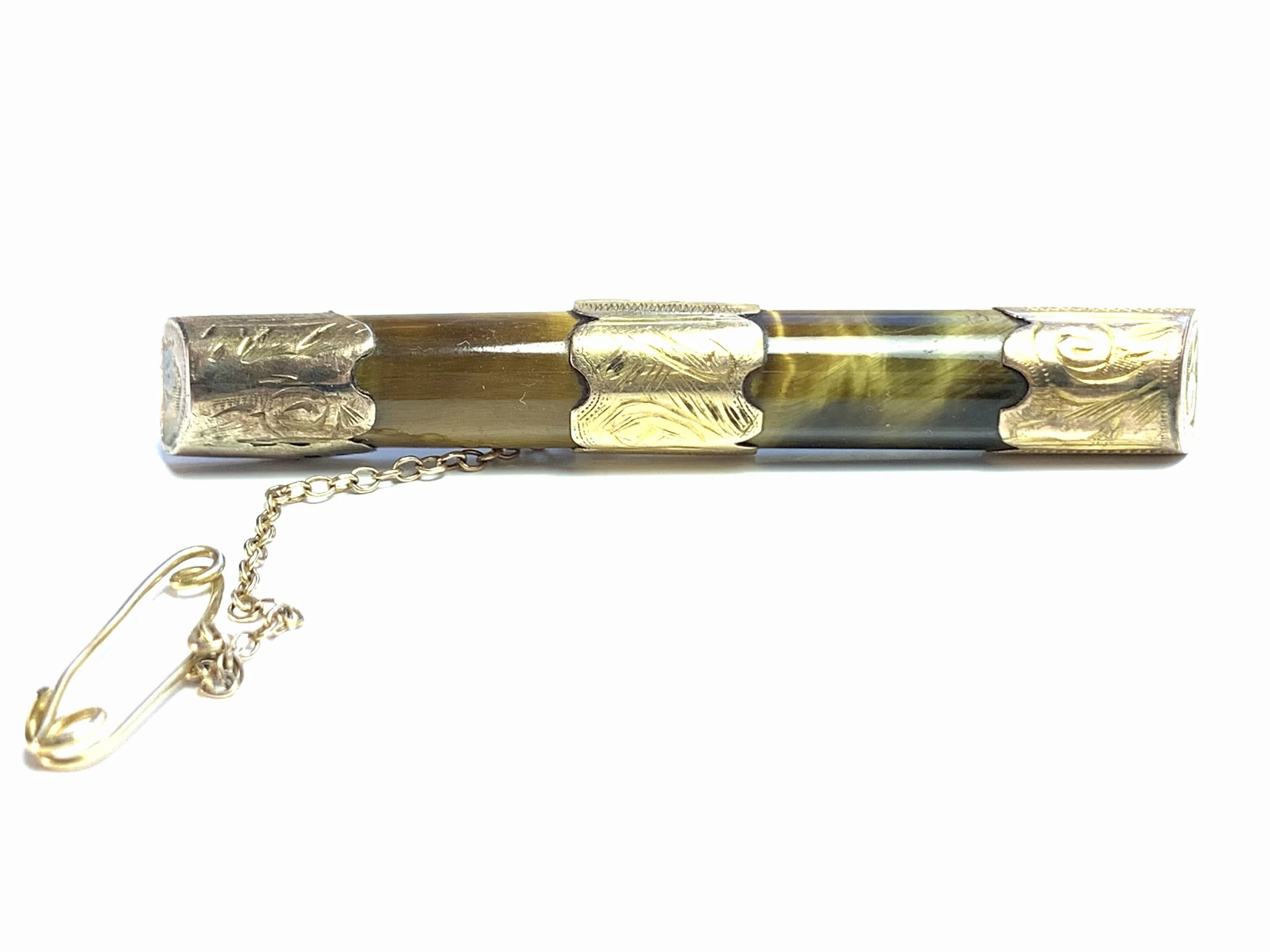 LOVELY VICTORIAN TIGERS EYE AND GOLD BAR BROOCH WITH VALUATION