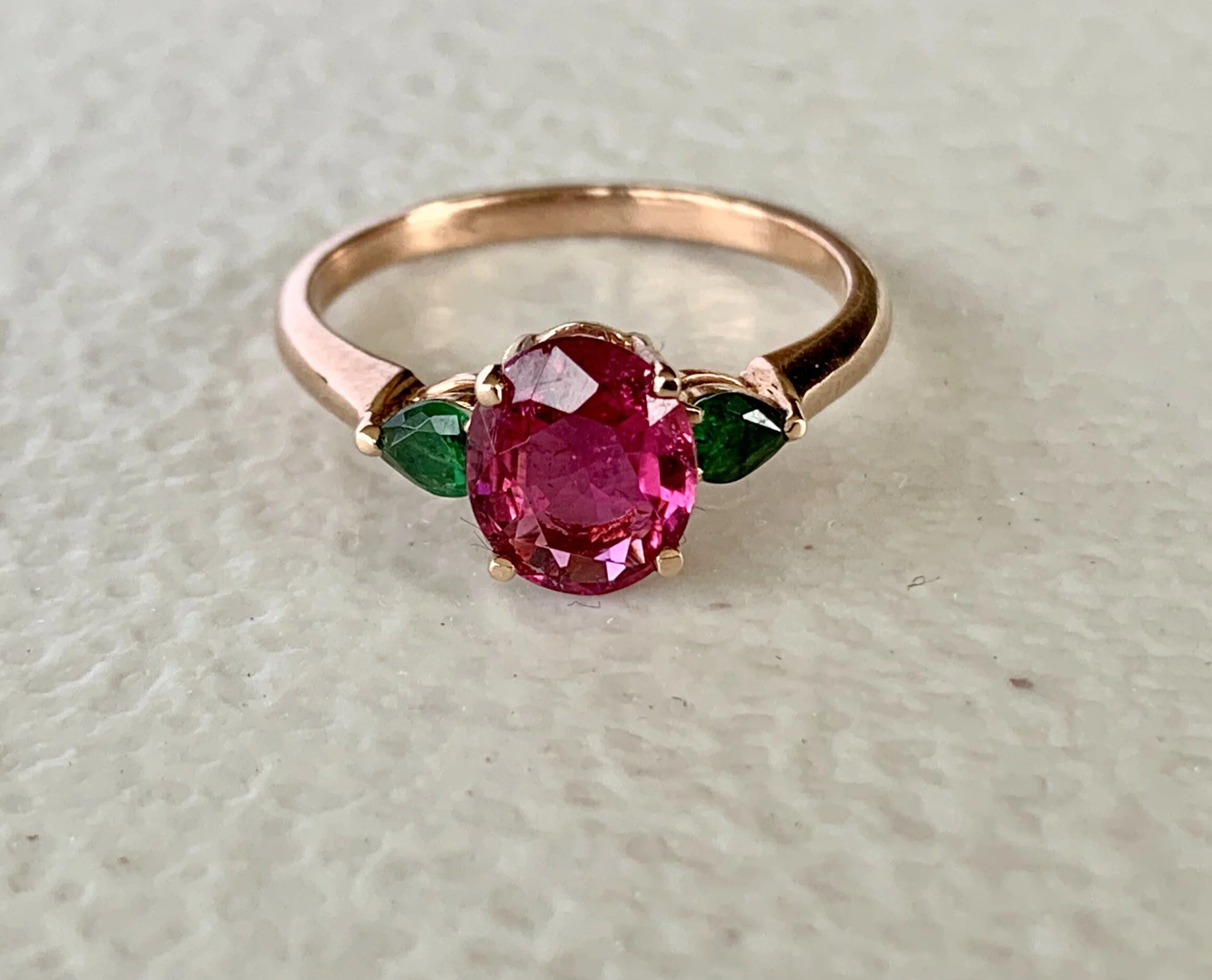 RED TOURMALINE AND EMERALD RING ROSE GOLD SETTING WITH VALUATION