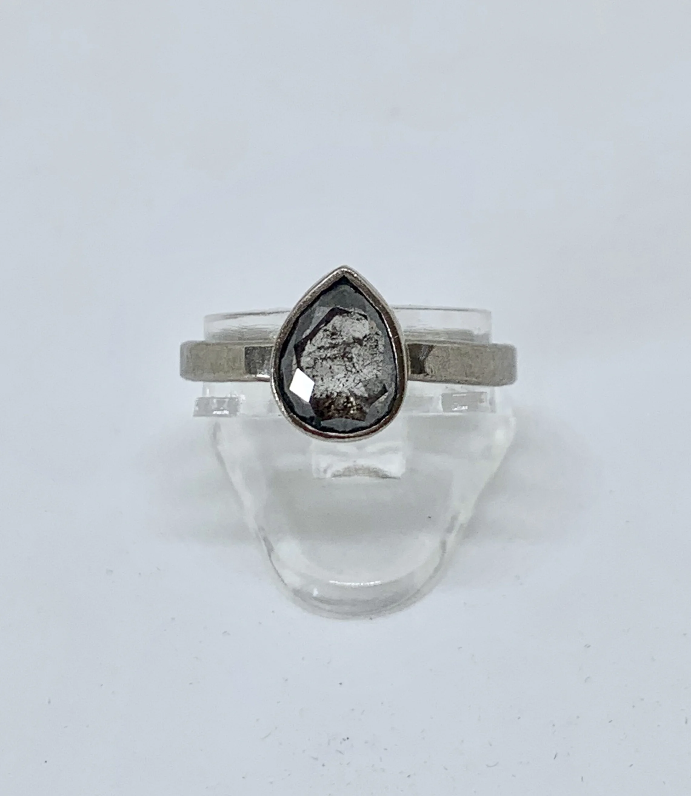 SALT AND PEPPER PEAR SHAPED DIAMOND SET IN 18CT WHITE GOLD WITH VALUATION