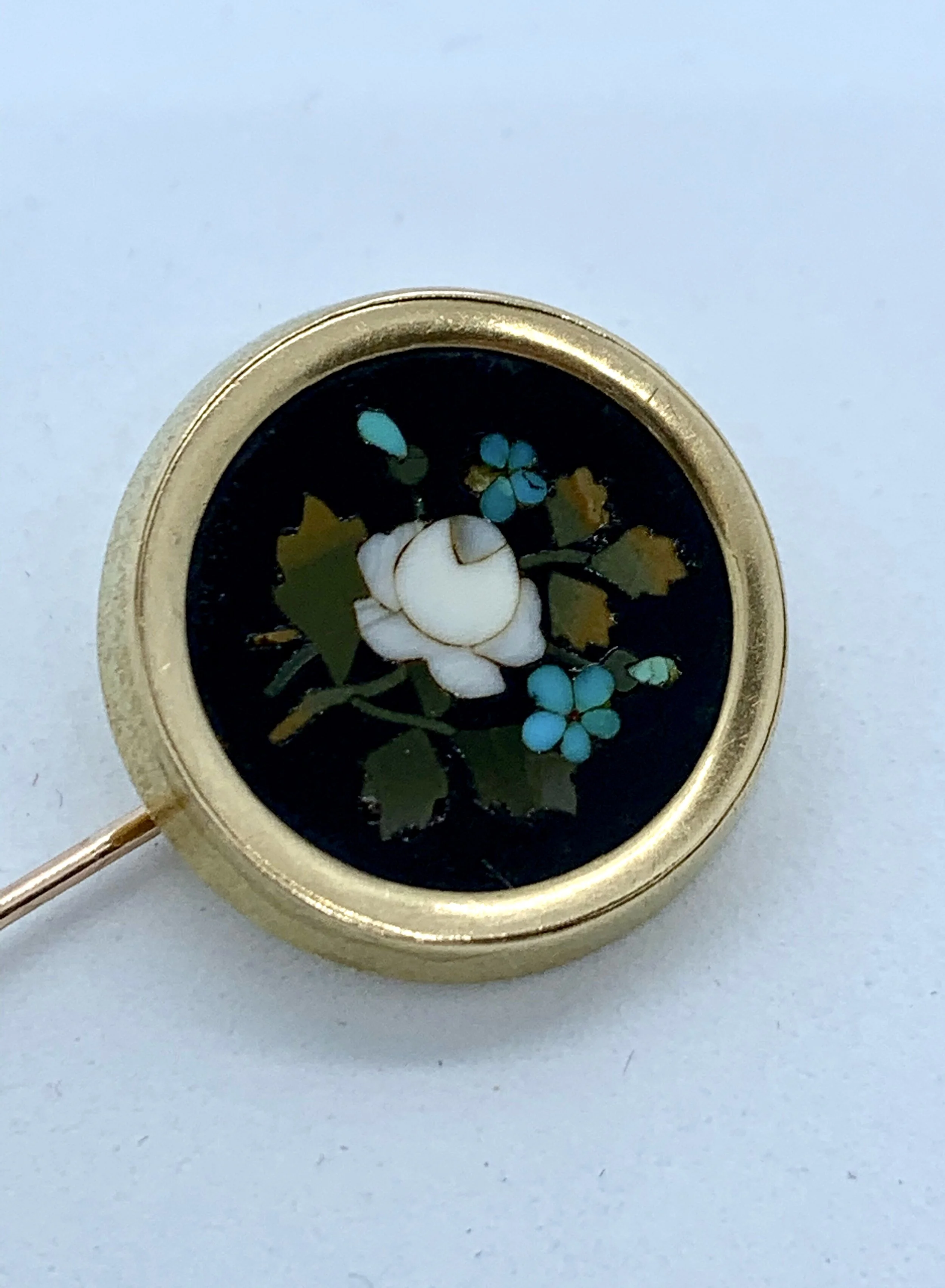ANTIQUE WHITE ROSE FLORENTINE PIETRA DURA VICTORIAN LAPEL STICK PIN