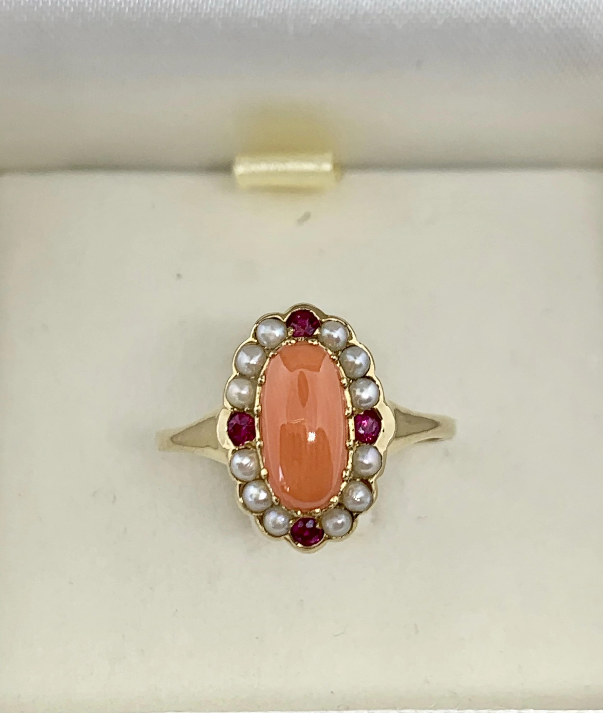 PRECIOUS PINK CORAL, SEED PEARL AND RUBY RING 9CT GOLD WITH VALUATION $2,390