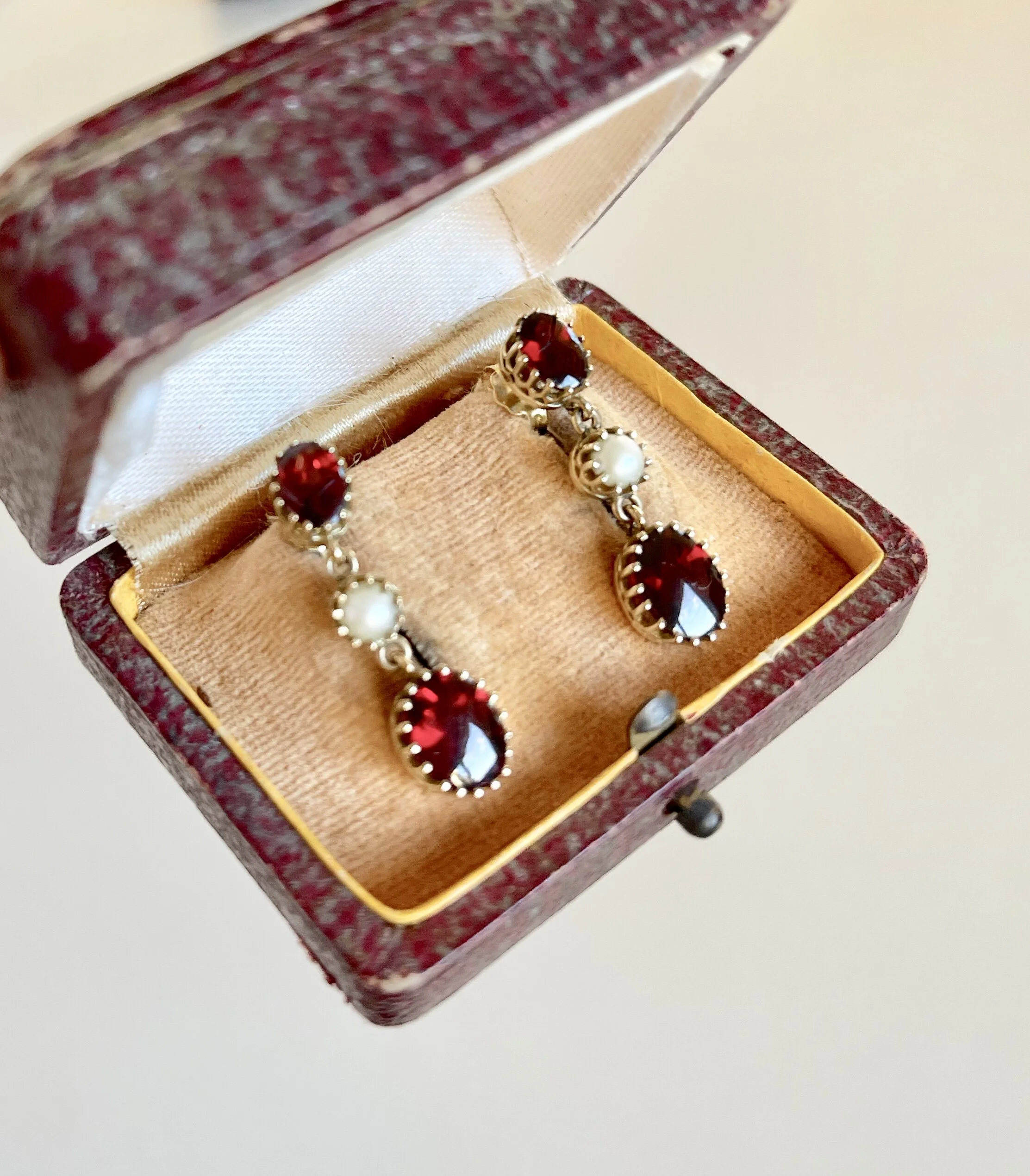 ANTIQUE GARNET AND PEARL DROP EARRINGS CIRCA 1900 WITH VALUATION
