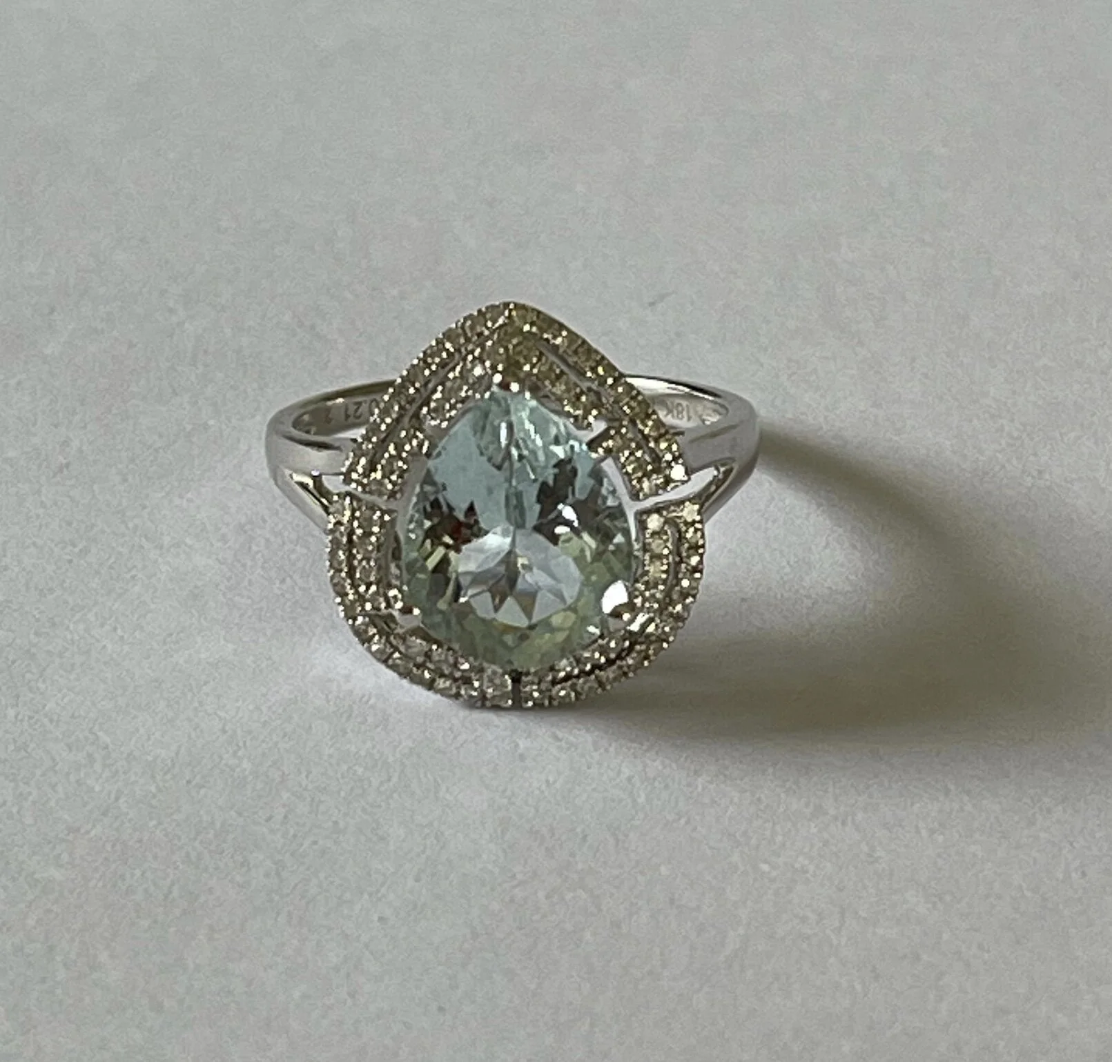 LARGE PEAR SHAPED ART DECO STYLE AQUAMARINE DIAMOND DRESS RING WITH VALUATION