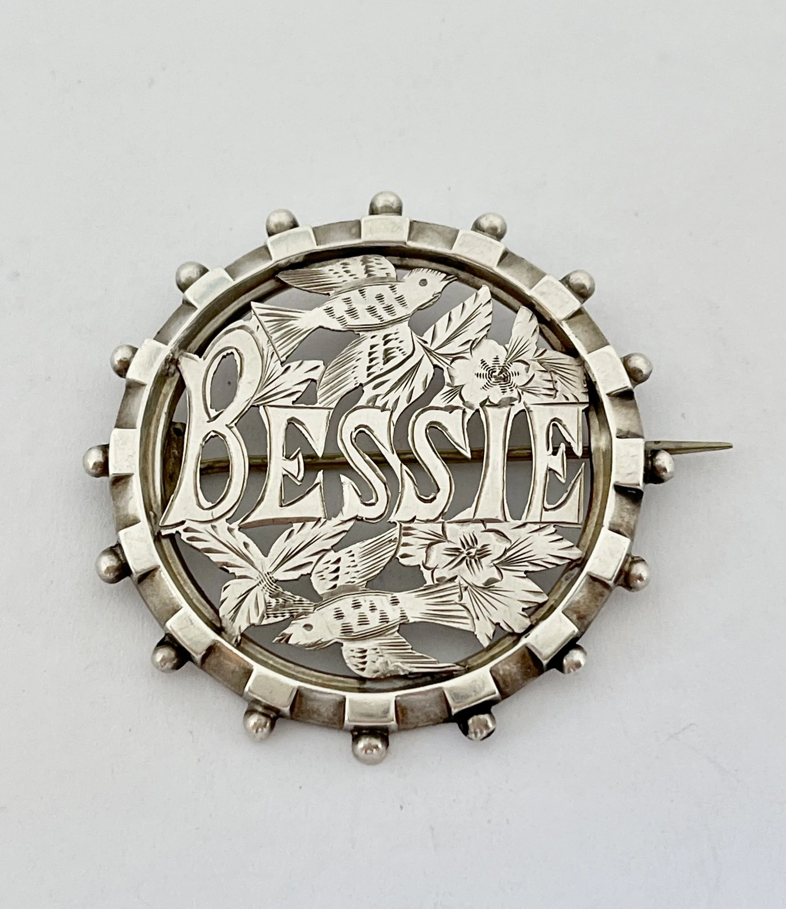 ANTIQUE VICTORIAN STERLING SILVER PIN NAMED BESSIE C1895