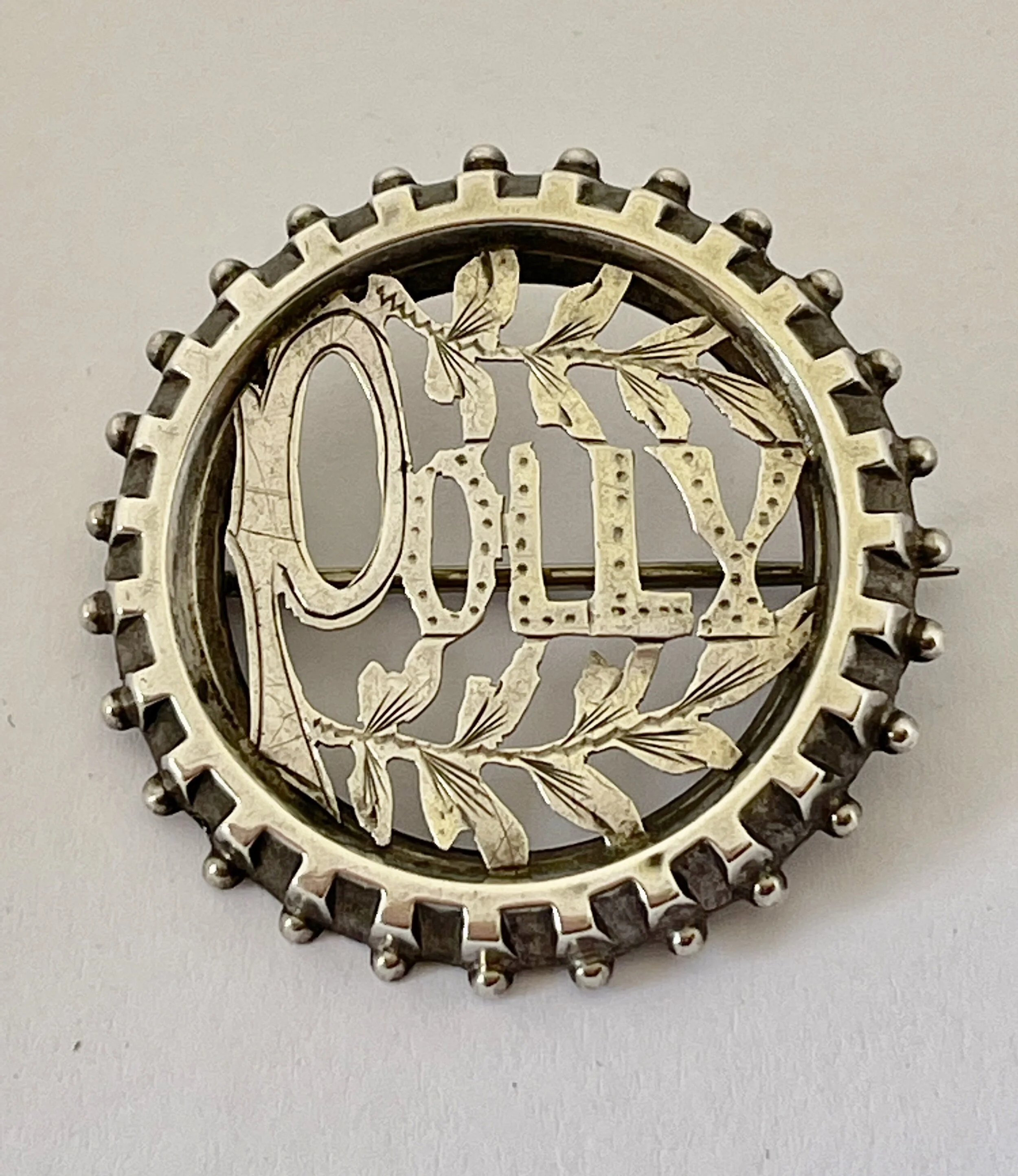 ANTIQUE VICTORIAN STERLING SILVER PIN NAMED POLLY C1895