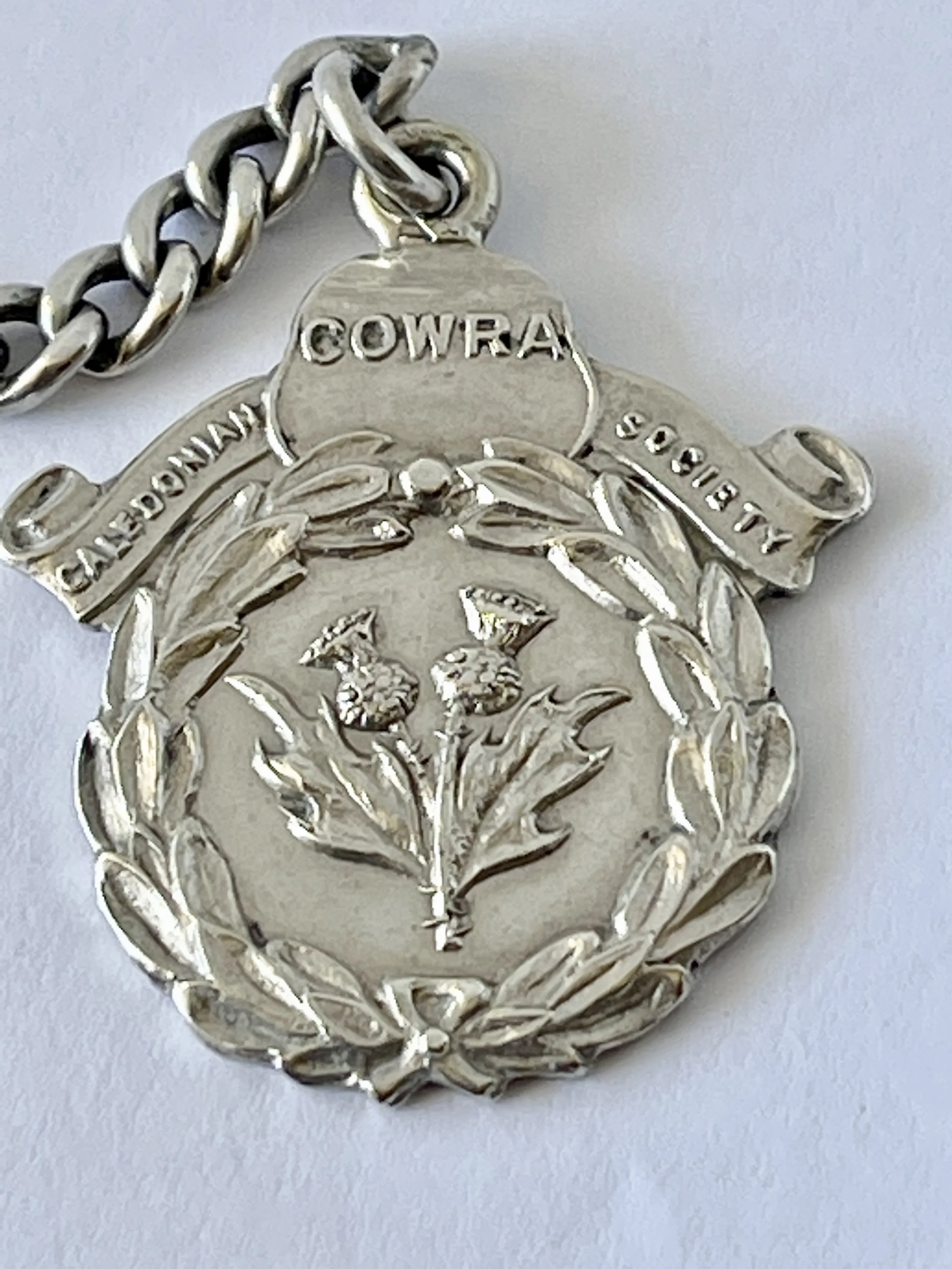 EDWARDIAN ANTIQUE SILVER FOB CHAIN WITH COWRA MEDALLION FOR CALEDONIAN SOCIETY