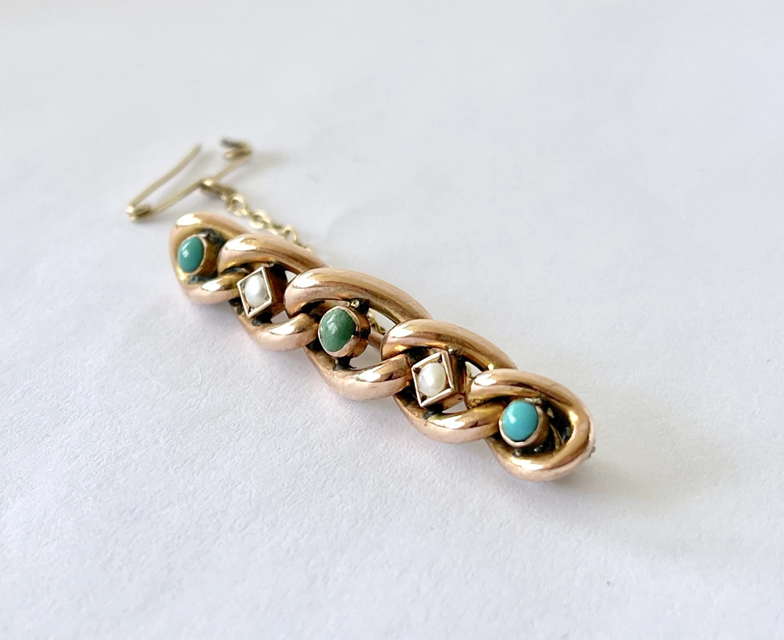 GOURDEL VALES & CO ANTIQUE VICTORIAN TURQUOISE SEED PEARL BROOCH C1900