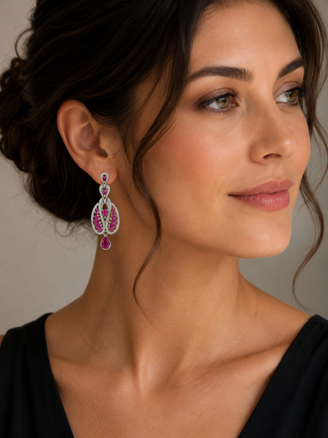 LARGE RUBY AND DIAMONTE  TEAR DROP STUD EARRINGS STERLING SILVER