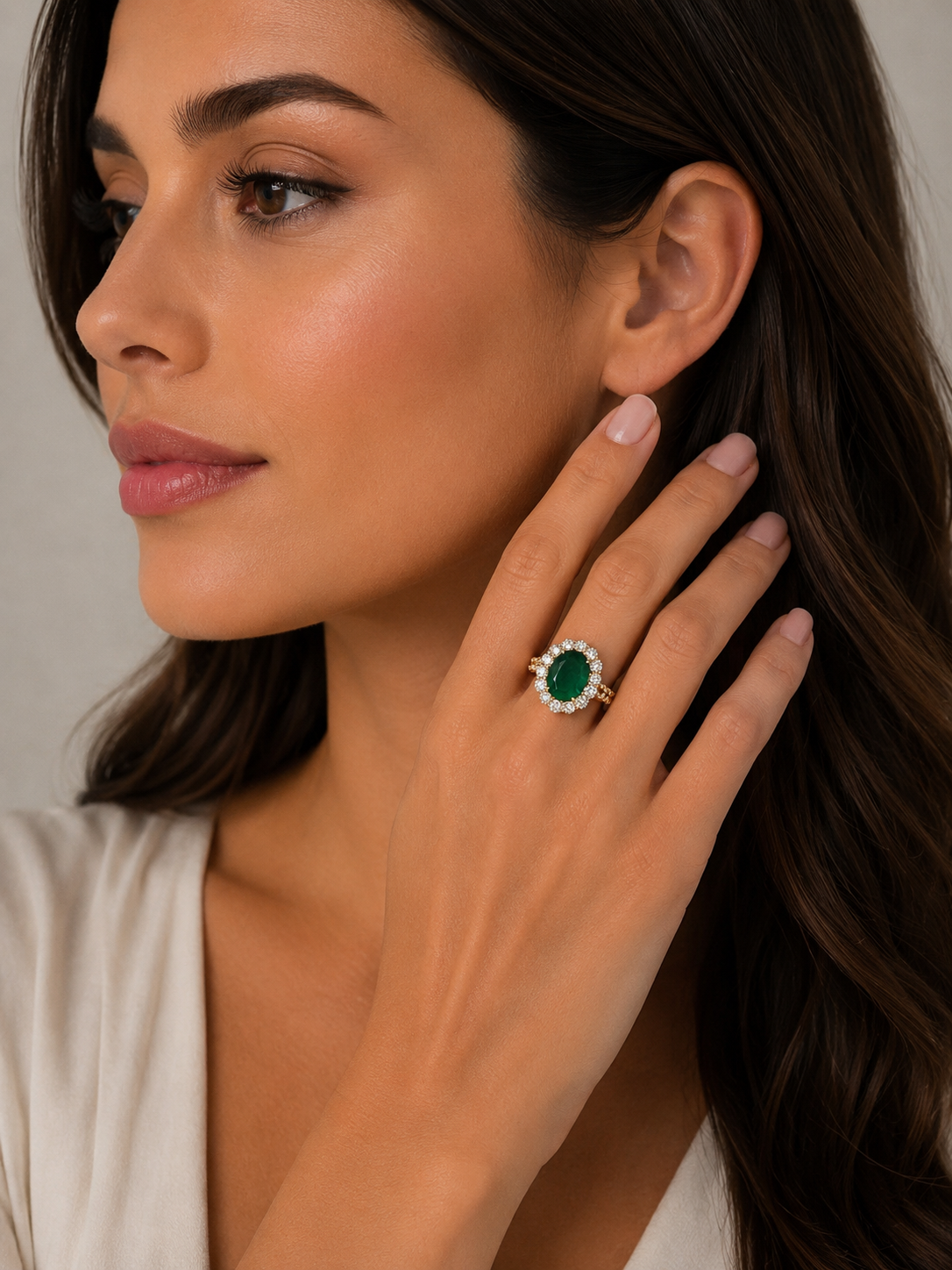 LARGE 4CT NATURAL OVAL EMERALD AND DIAMOND HALO RING 18CT YELLOW GOLD
