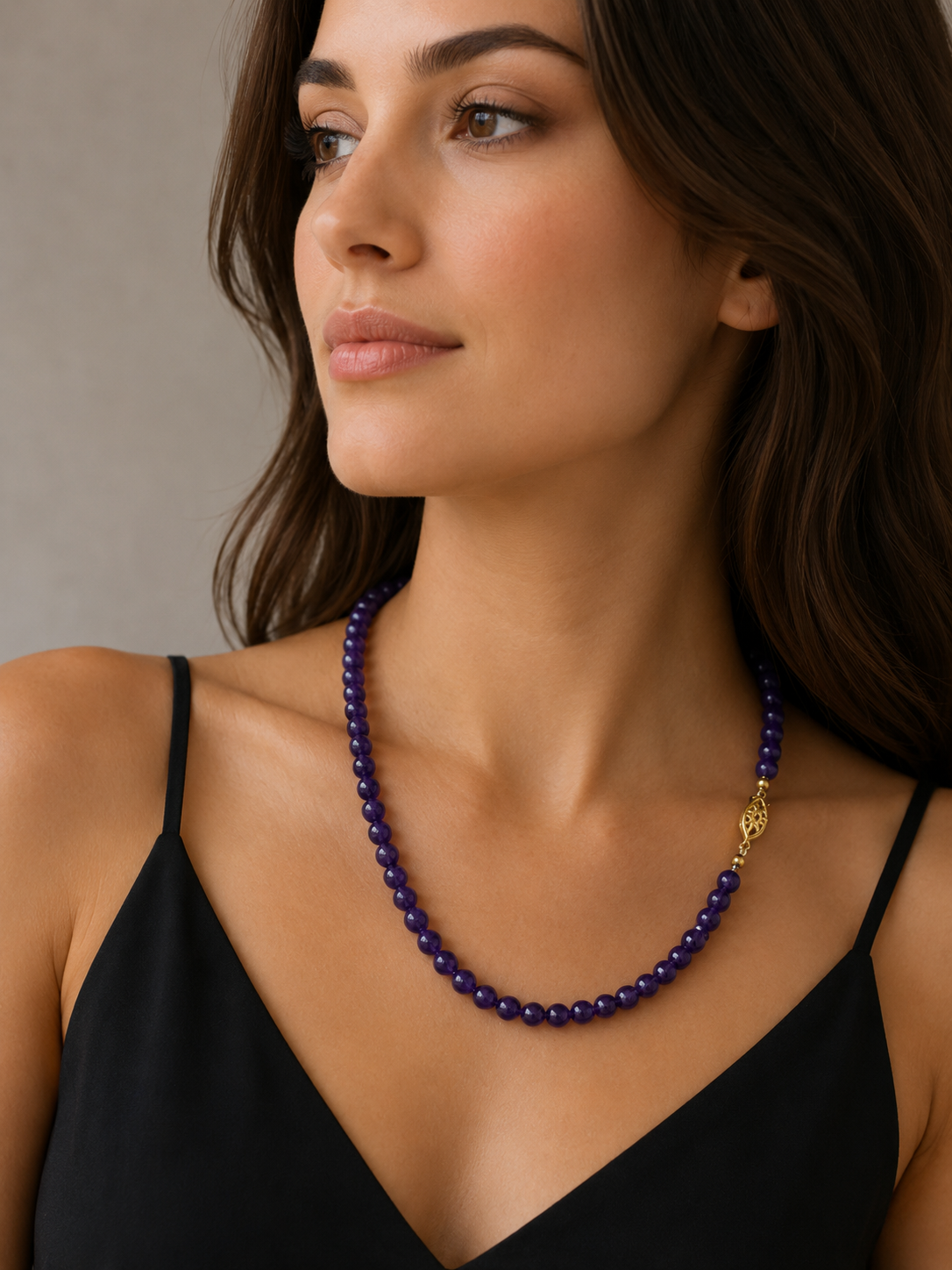 LOVELY VINTAGE NATURAL AMETHYST BEAD NECKLACE WITH GOLD PLATED SILVER CLASP