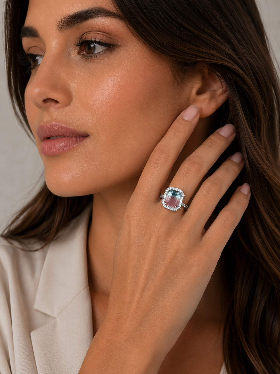 HUGE WATERMELON TOURMALINE AND DIAMOND RING 9K WHITE GOLD