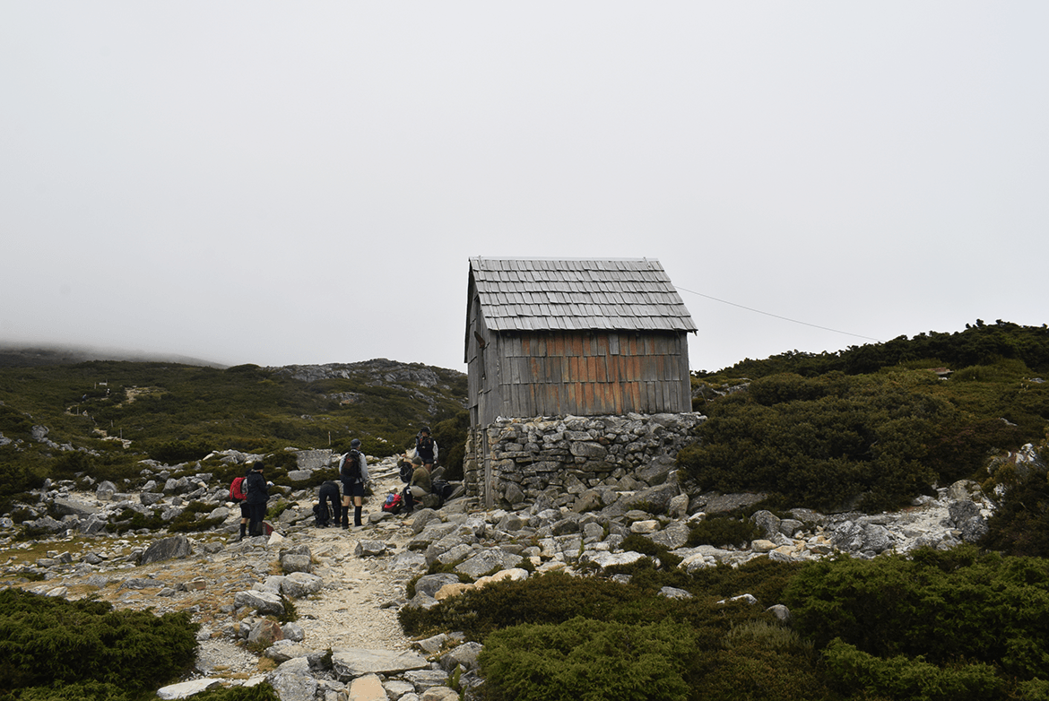  There are some huts along the way that serve as emergency shelters. The Kitchen hut, on the way to the Cradle Mountain summit.    