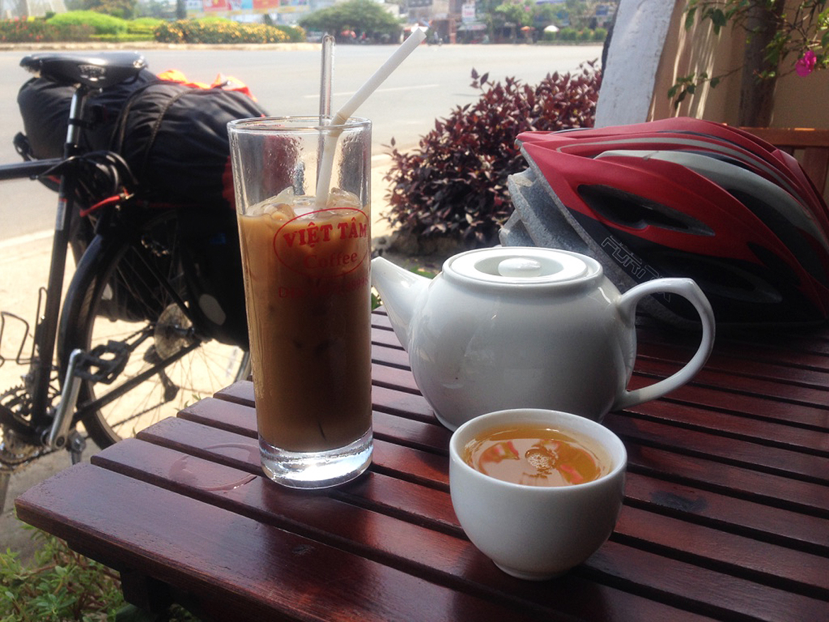  Vietnamese coffee with milk and ice. Normally they serve a big pot of Tea with it. 