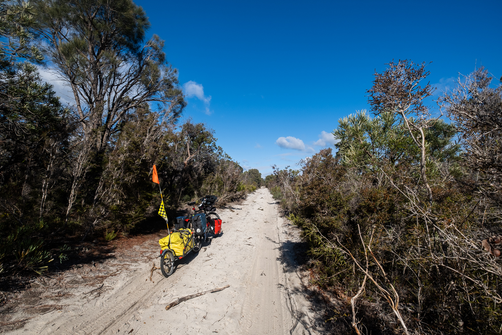  The road started becoming narrow and sandy, making it difficult to ride a heavy bike.&nbsp;    