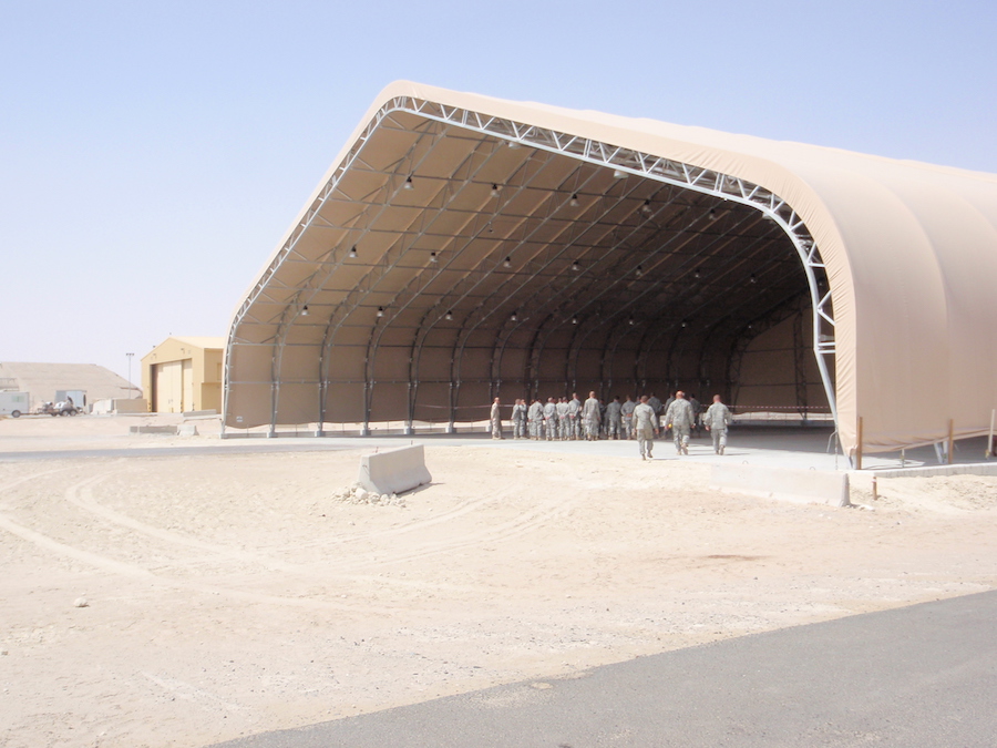  Shelter Structures worked together with a local contractor in Kuwait to put together the winning competitive bid to build this 150′ W x 130’L x 46′ H building.                                                          It was erected in Kuwait to supp