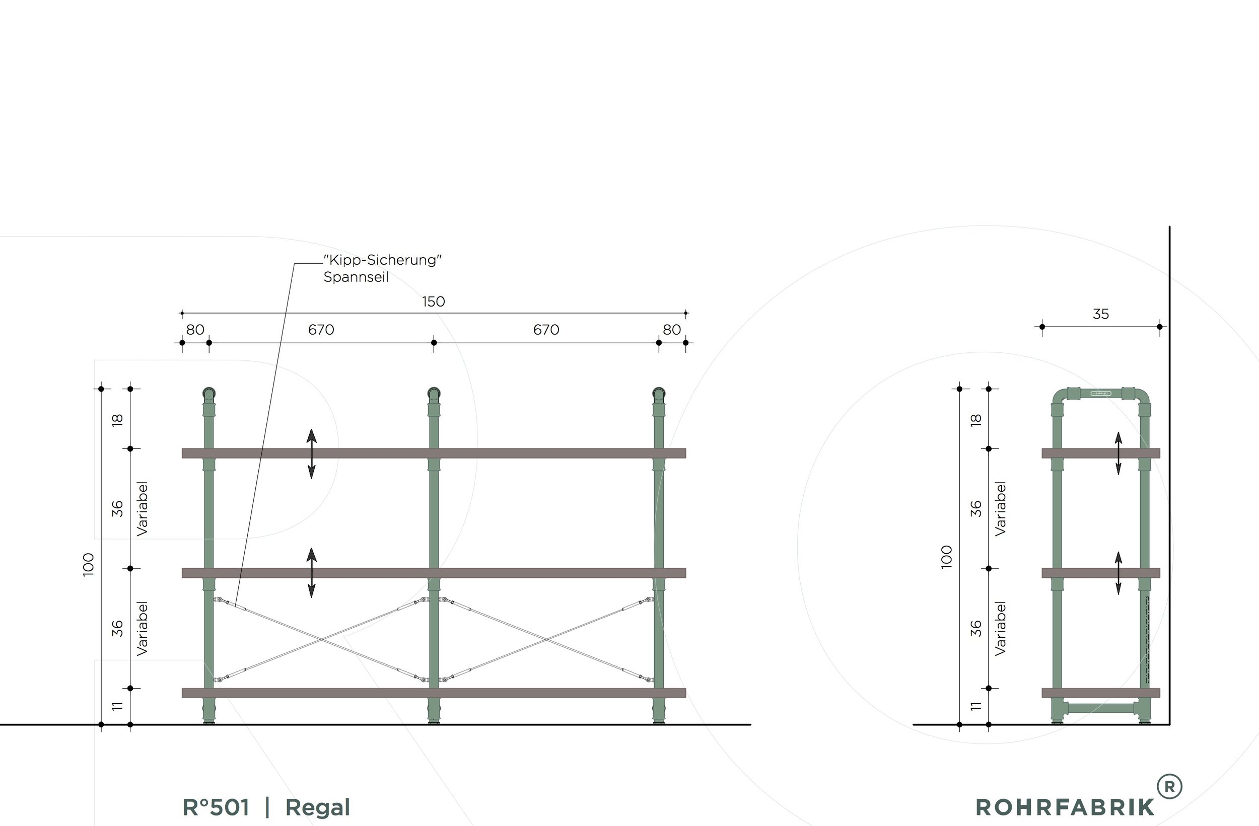 Technische Zeichnung des R°501 Regals von Rohrfabrik mit Abmessungen, Vorderansicht und Seitenansicht