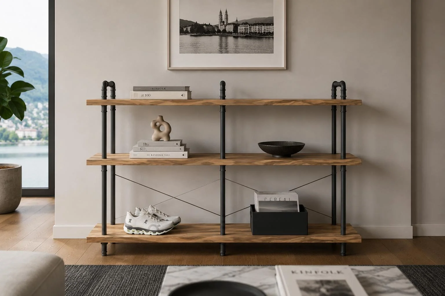 R°501 Regal und Sideboard von Rohrfabrik aus schwarzen Stahlrohren und Holz – Frontalansicht