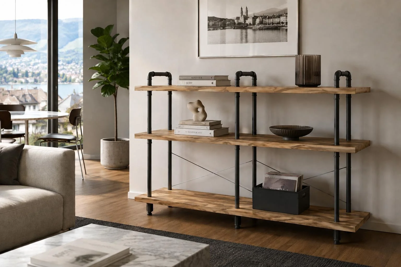 R°501 Regal und Sideboard von Rohrfabrik aus schwarzen Stahlrohren und Holz in einem modernen Wohnraum
