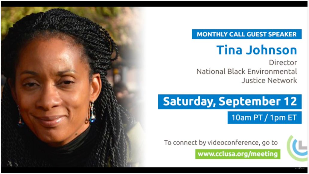  Citizens' Climate Lobby Guest Monthly Speaker Tina Johnson Speaks on Environmental Justice and Dismantling Racism 