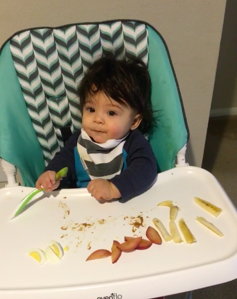 Lennox in the beginning of his BLW journey. Here he has hardboiled eggs, plums and bananas.