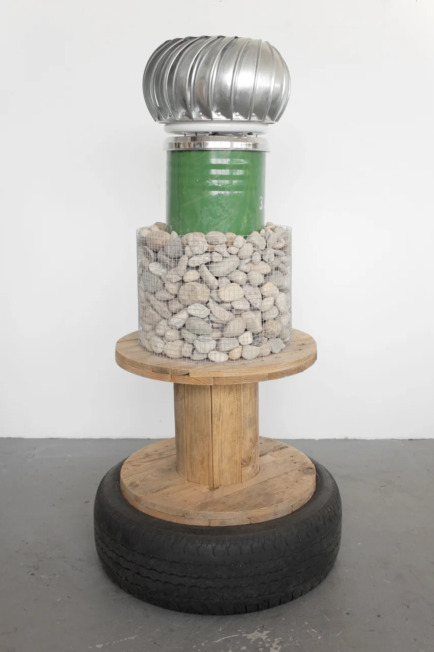 Charles Harlan Turbine , 2018 rubber, wood, steel, fluorescent light fixture and electrical components 62 × 30 × 30 inches (157.48 × 76.20 × 76.20 cm) courtesy of the artist and JTT, New York
