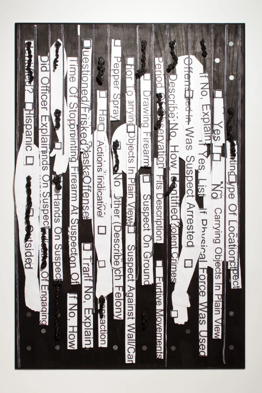 Nari Ward Suspect on Ground, 2012 magnets, nylon, and printed fleece blankets on wood 72 × 48 × 2.25 inches (182.9 × 121.9 × 5.7 cm) courtesy of the artist and Lehmann Maupin, New York, Hong Kong and Seoul