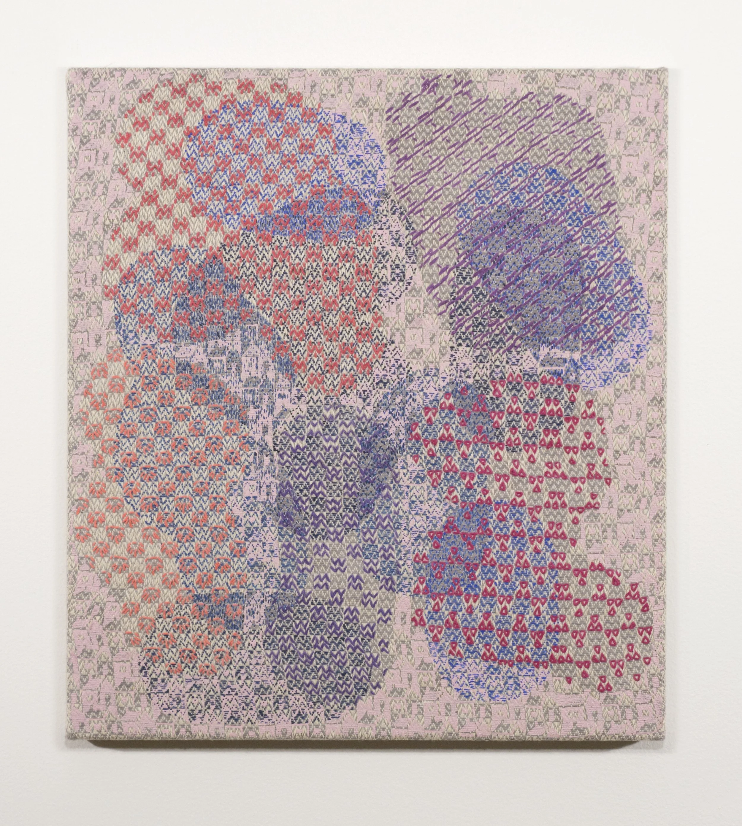 Mark Barrow & Sarah Parke Future Homemakers of America , 2019 Acrylic and Embroidery on Hand-Loomed Linen 17 ¾ × 15 ¾ inches (45.09 × 40.01 cm)