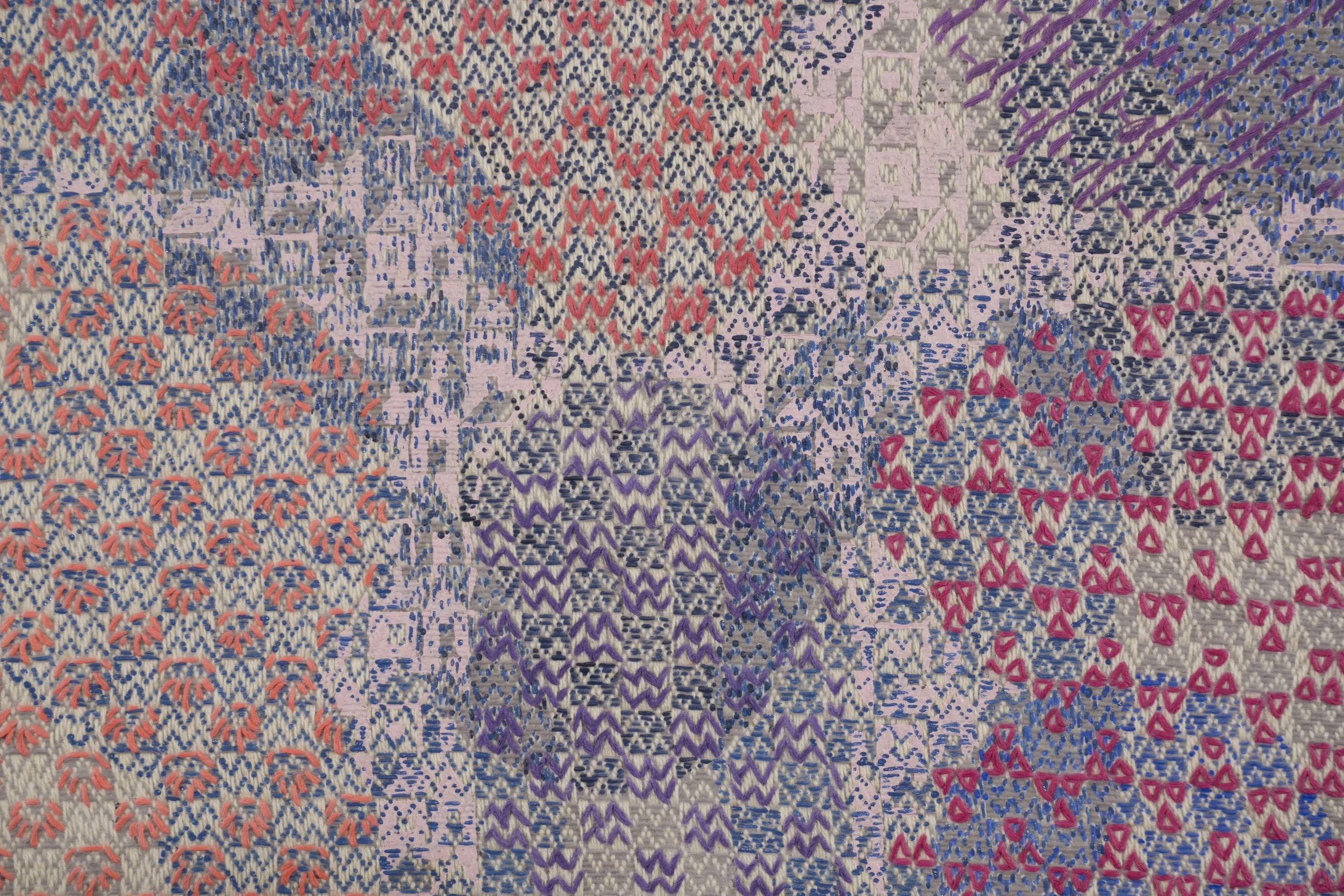 Mark Barrow & Sarah Parke Future Homemakers of America , 2019 (detail) Acrylic and Embroidery on Hand-Loomed Linen 17 ¾ × 15 ¾ inches (45.09 × 40.01 cm)