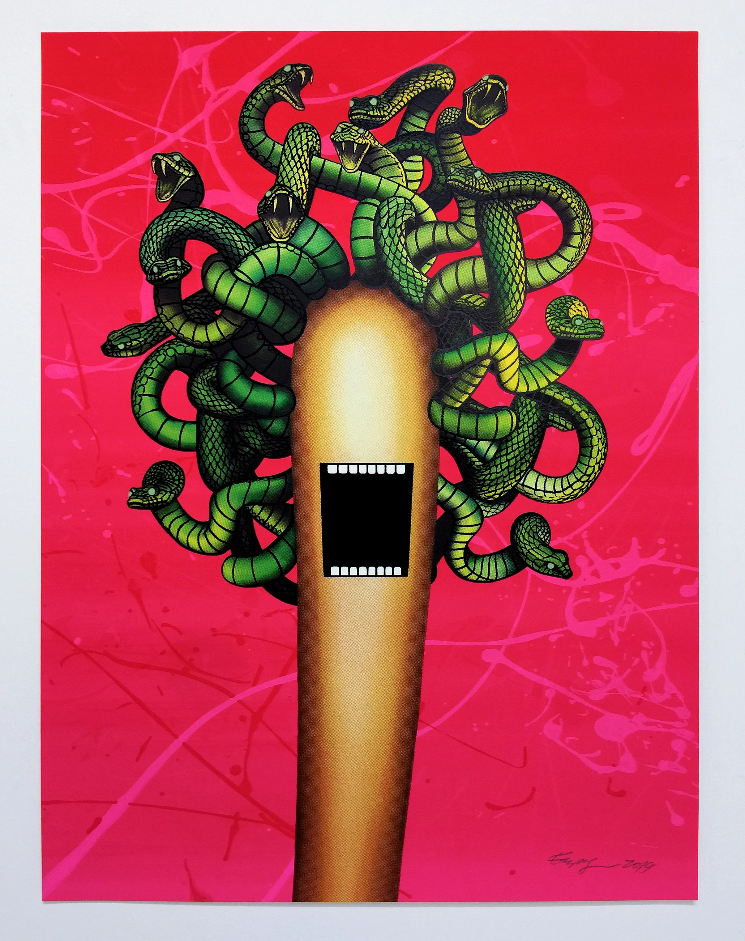 Emily Mae Smith Medusa (gesture), 2019 full bleed 7 color screenprint with hand-painted applications on Coventry Rag 335gsm paper using water-based and enamel inks with glow in the dark inks 24 × 18 inches