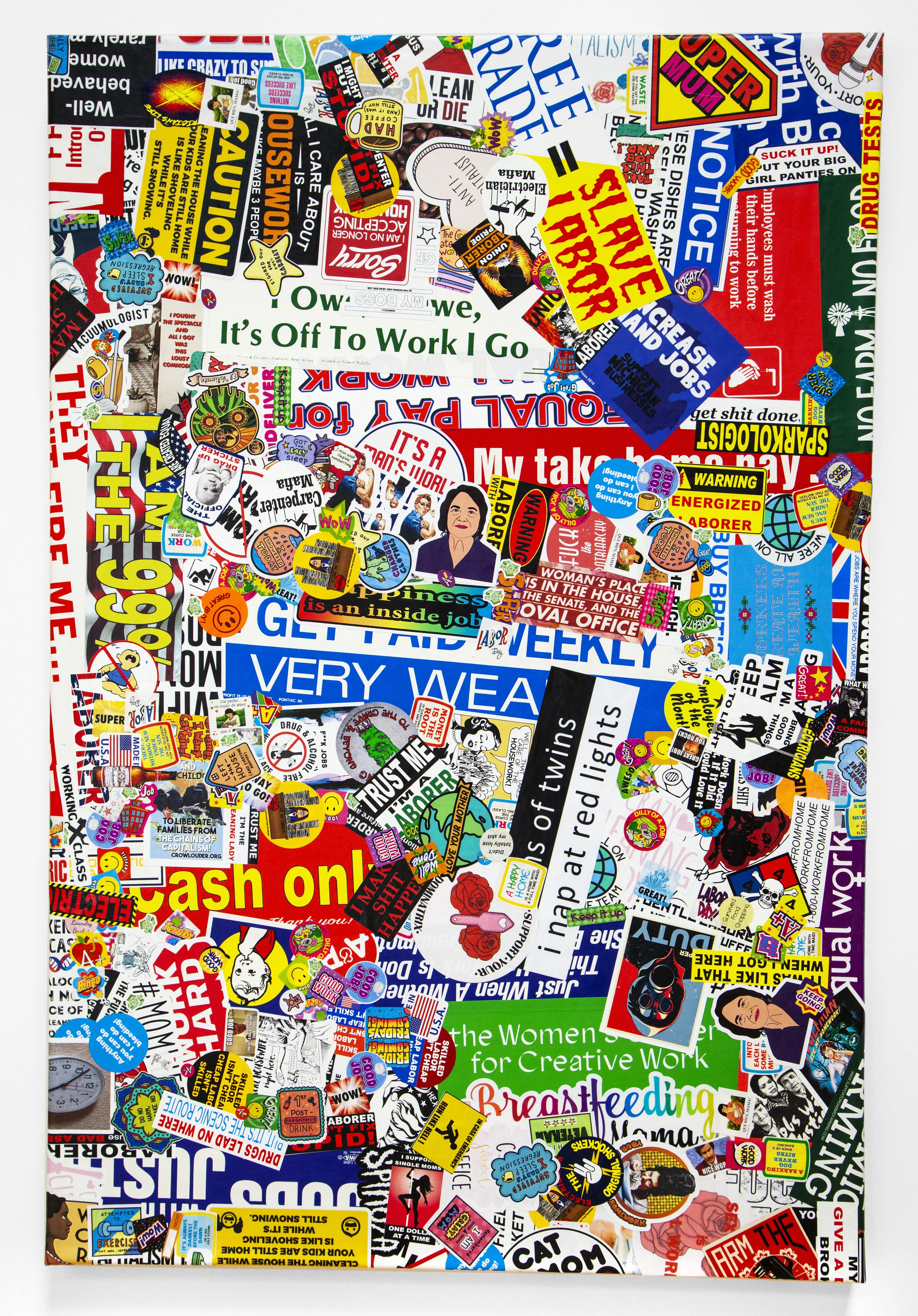 Barnett Cohen but when you say, 2019 stickers and acrylic liquid polymer on canvas 24 × 36 inches