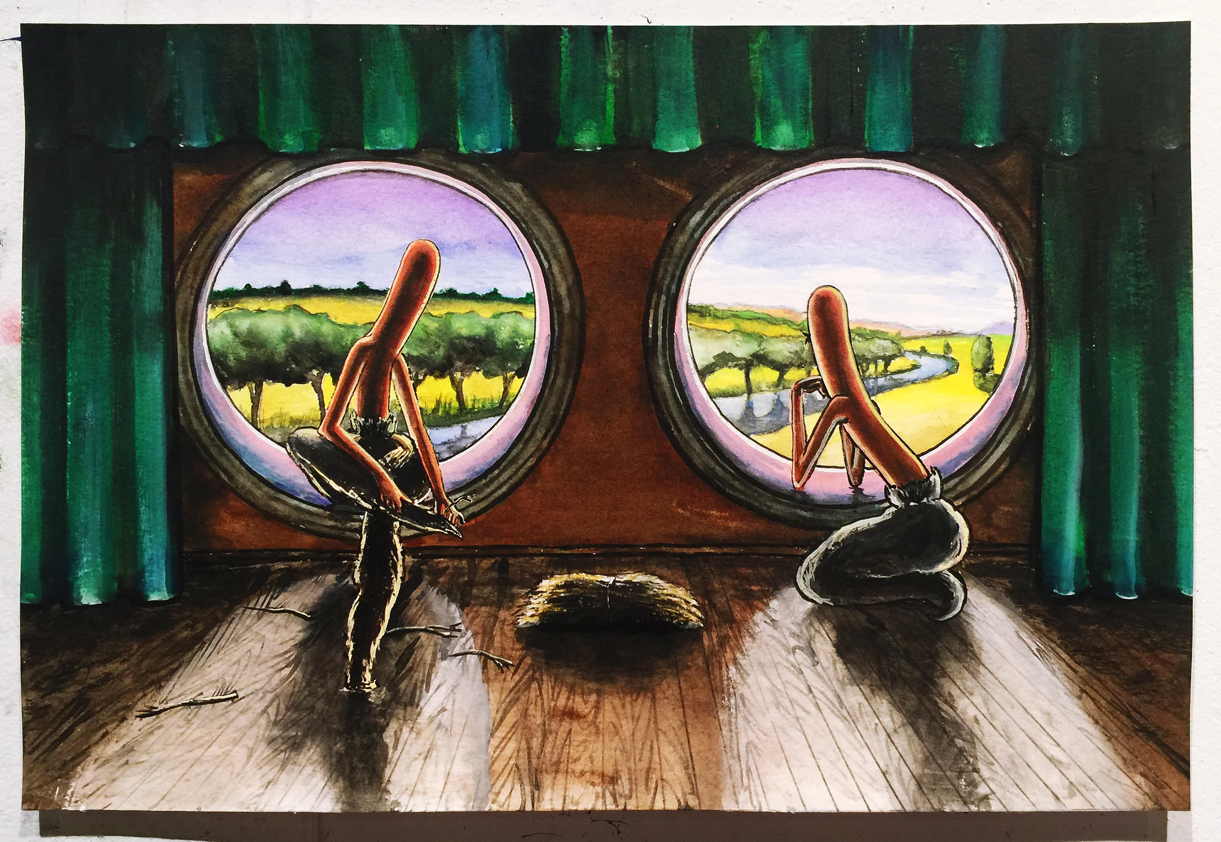 Emily Mae Smith Brooms with a View Study, 2019 watercolor and gouache on paper 9 ½ × 14 inches